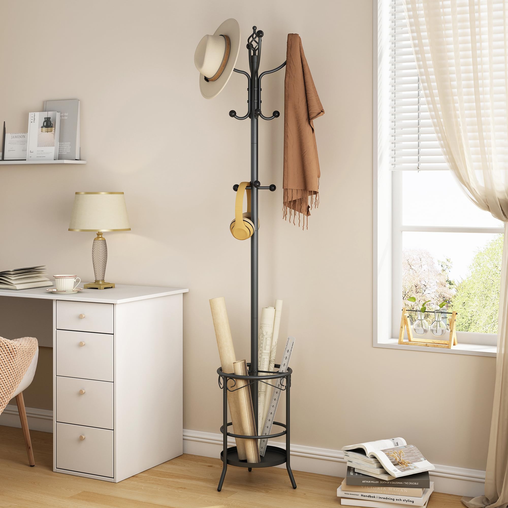 Tajsoon Coat Rack Stand with Umbrella Holder - 12 Hooks Entryway Organizer for Jackets, Hats & Bags | Perfect for Living Room, Bedroom & Office Decor | Space-Saving Hallway Storage Solution