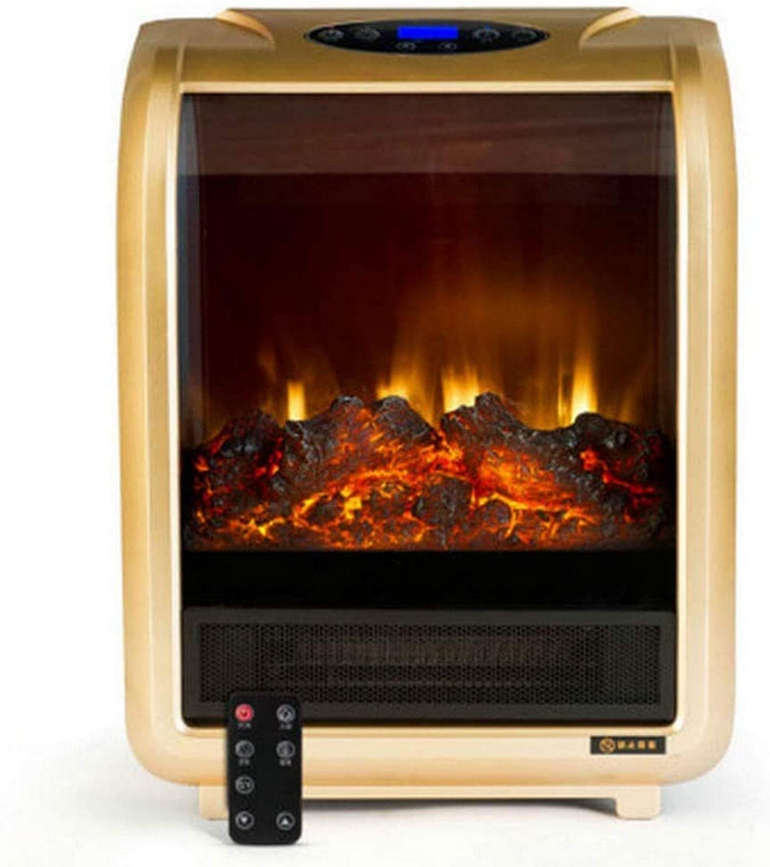 Portable Electric Fireplace Heater with Adjustable Thermostat, Realistic Flame Effect & Remote Control - Gold - Perfect for Living Rooms, Bedrooms & Small Spaces