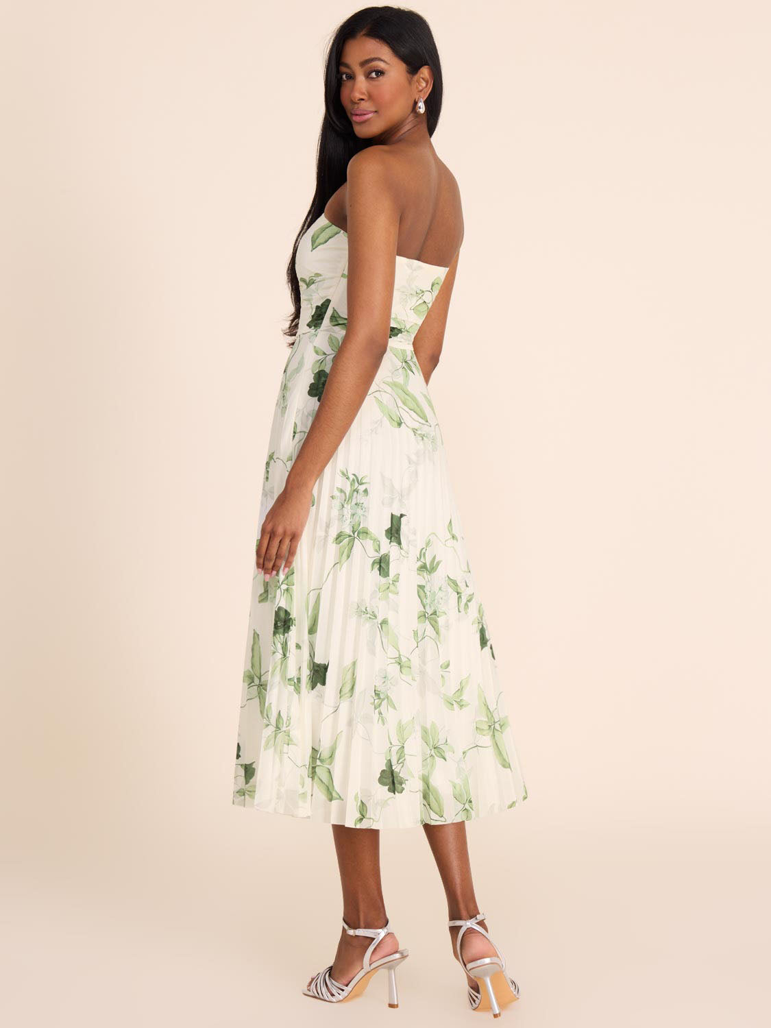 Strapless Midi Floral Dress for Women - Summer Boho Flowy Dress with Ruffles - Perfect for Beach Vacation, Wedding Guest & Date Night