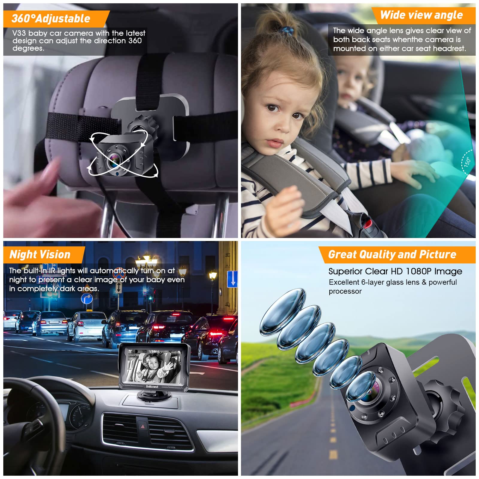 DoHonest 1080P HD Baby Car Camera with Night Vision - 150° Wide Angle, 360° Adjustable Rearview Monitor for Infant Car Seat Safety - Easy USB Plug-and-Play Installation - Perfect for Road Trips and Daily Commutes