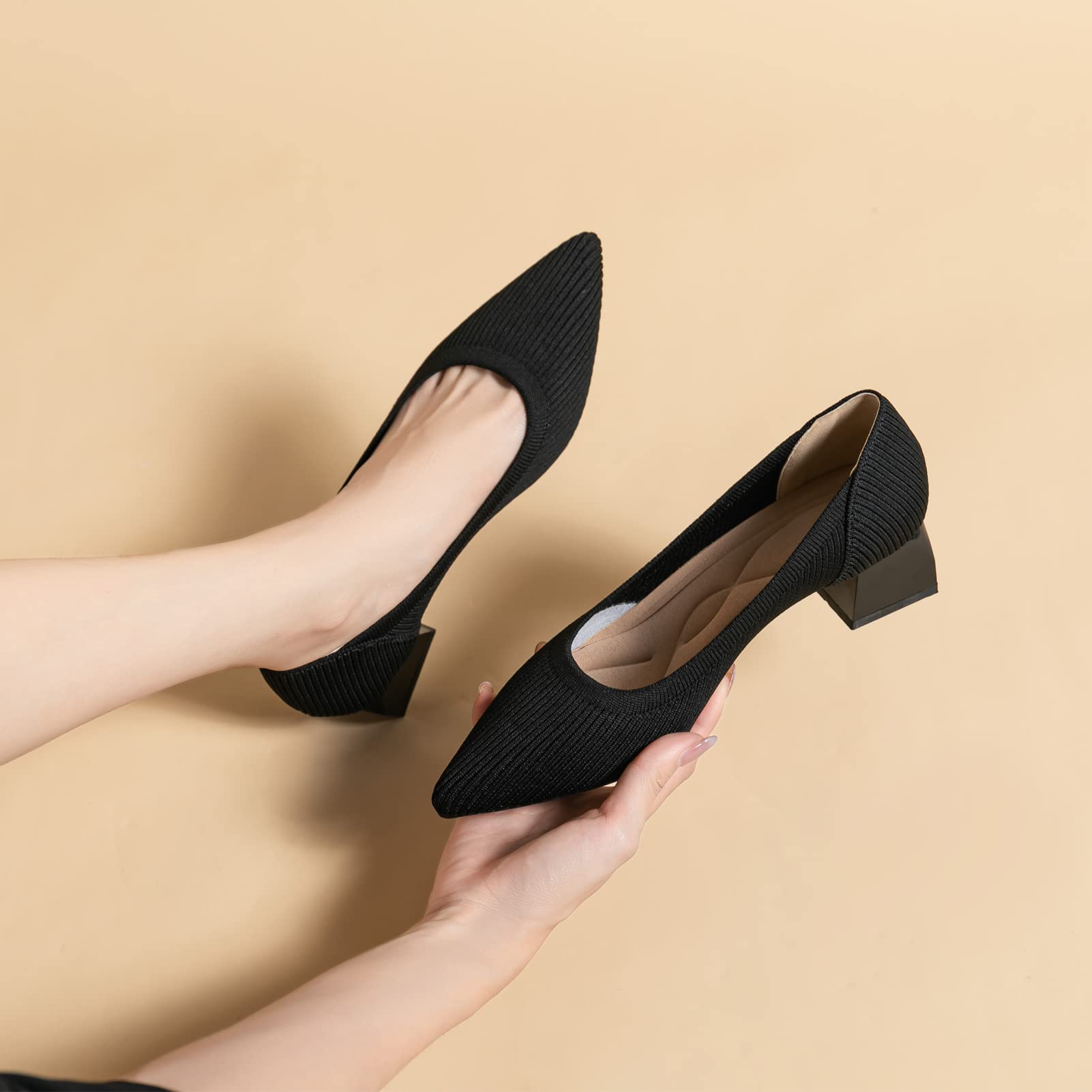 YEOJOU Women's Knit Pointed Toe Low Heel Pumps - Comfortable Dress Shoes for Work & Office | Elegant Women's Heels for Business, Party & Special Occasions