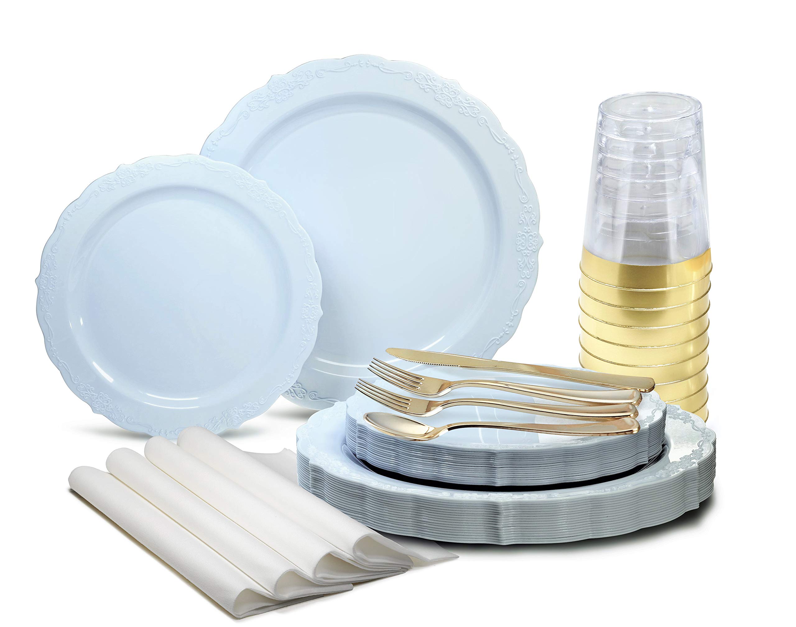 640-Piece Vintage Wedding Disposable Plastic Plates & Cutlery Set (80 Guests) - 80 x 10'' Dinner Plates, 80 x 7.5'' Dessert Plates, Gold Silverware, Cups & Napkins - Verona Blue & Gold Theme - Perfect for Weddings, Bridal Showers, Anniversaries & Elegant Parties