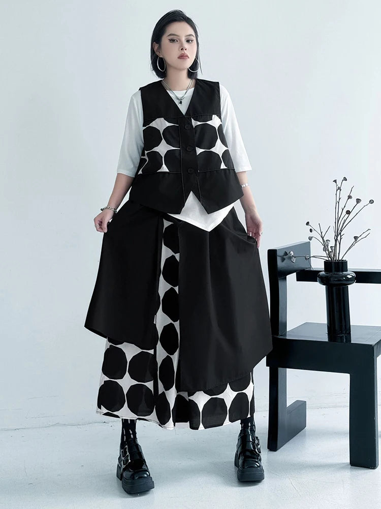 Plus Size Black Polka Dot Vest & Wide Leg Pants 2-Piece Set - Women's Fashion V-Neck Sleeveless Outfit for Spring/Fall 2025 | Office Wear, Casual Chic, Party Outfit