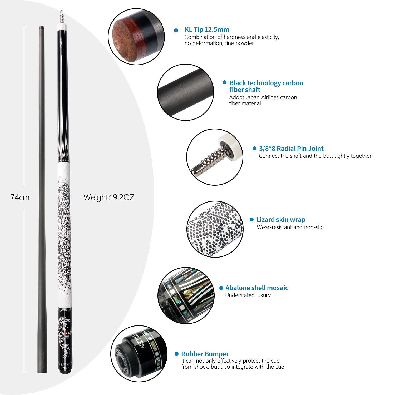 KONLLEN Carbon Fiber Pool Cue Stick - Low Deflection Professional Billiard Cue with Handcrafted Inlay | Ultra-Smooth Performance for Adults | Perfect for Tournament Play & Home Game Rooms