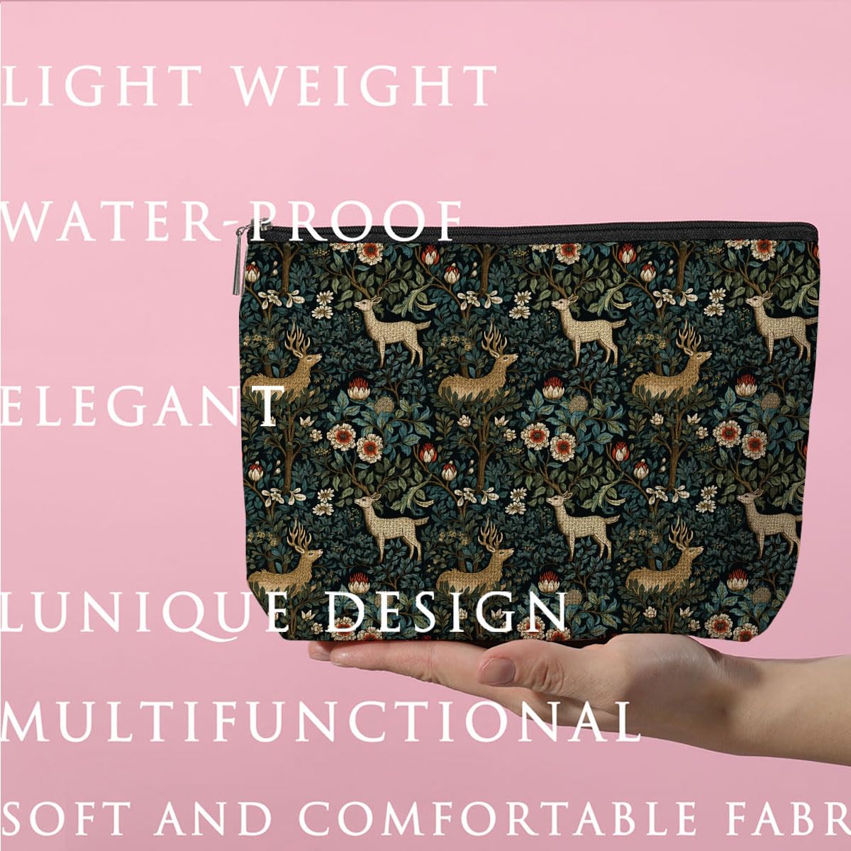 Forest Deer Floral Makeup Bag - Waterproof Cosmetic & Toiletry Pouch for Women - Perfect Gift for Christmas, Birthday, Thanksgiving, Graduation - Ideal for Sister, Daughter, Teacher, Coworker & Boss Lady - Great for Travel, Gym & Daily Organizer