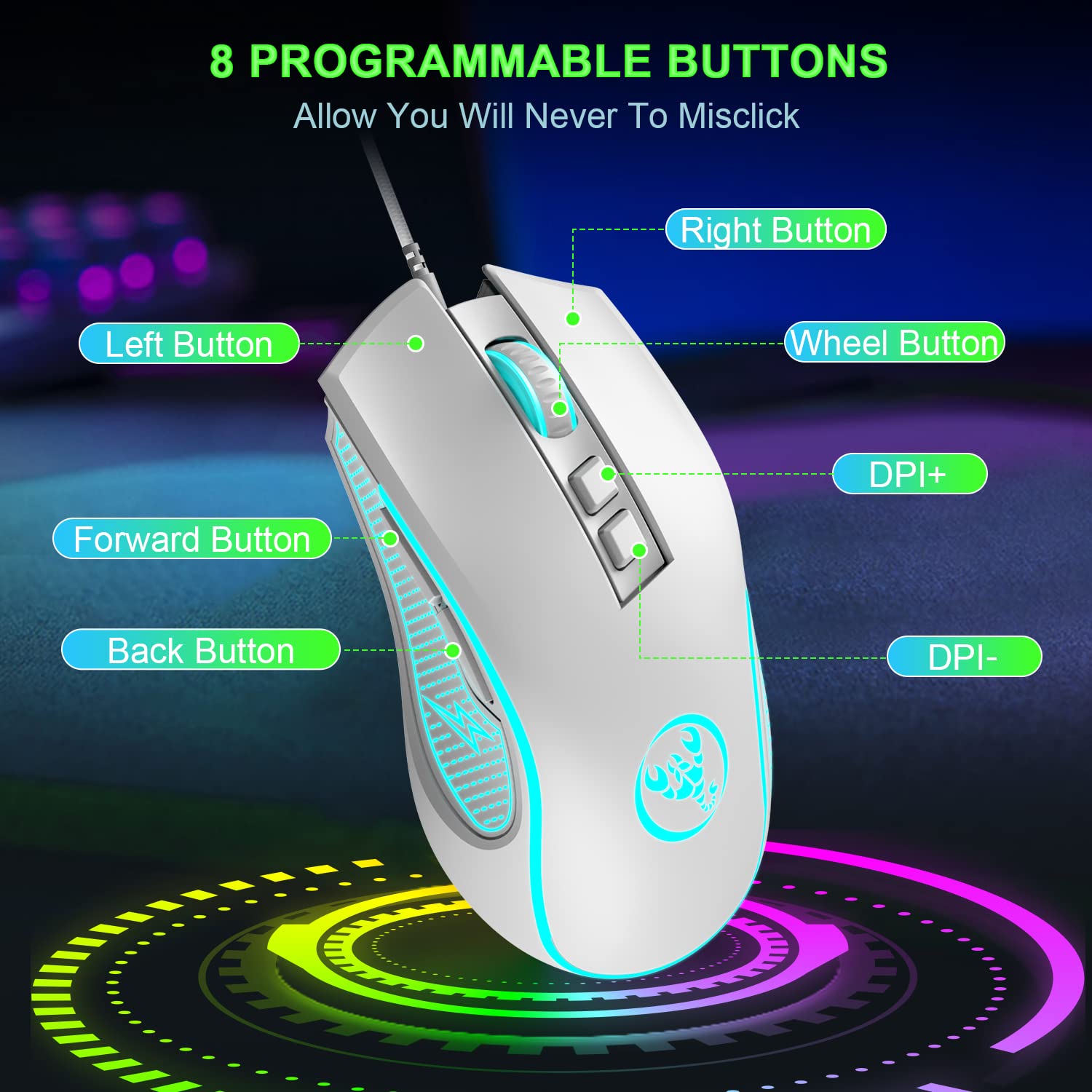 60% Mechanical Feel Gaming Keyboard and Mouse Combo with RGB Backlit, Wired USB for PC, Mac, PS4 - Includes Mouse Pad (White) - Perfect for Competitive Gaming, Office Work, and Home Entertainment