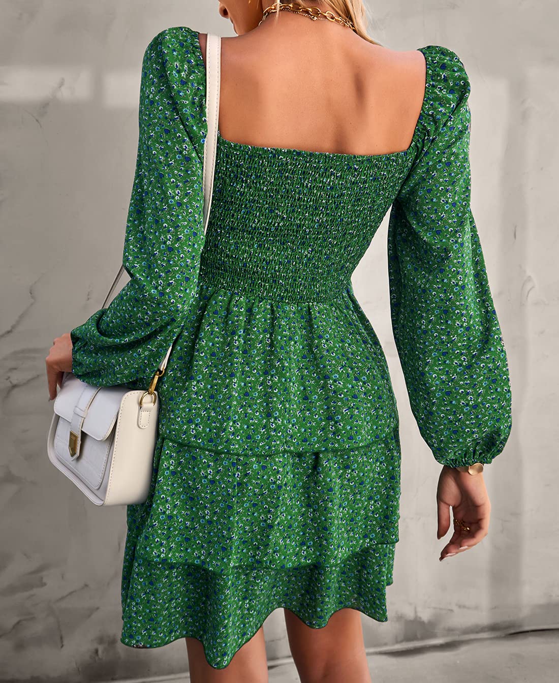 BTFBM Women's Floral Swiss Dot Smocked Mini Dress - Square Neck Long Sleeve Boho Wedding Guest Dress for Spring & Summer 2025 | Perfect for Garden Parties, Bridal Showers & Date Nights