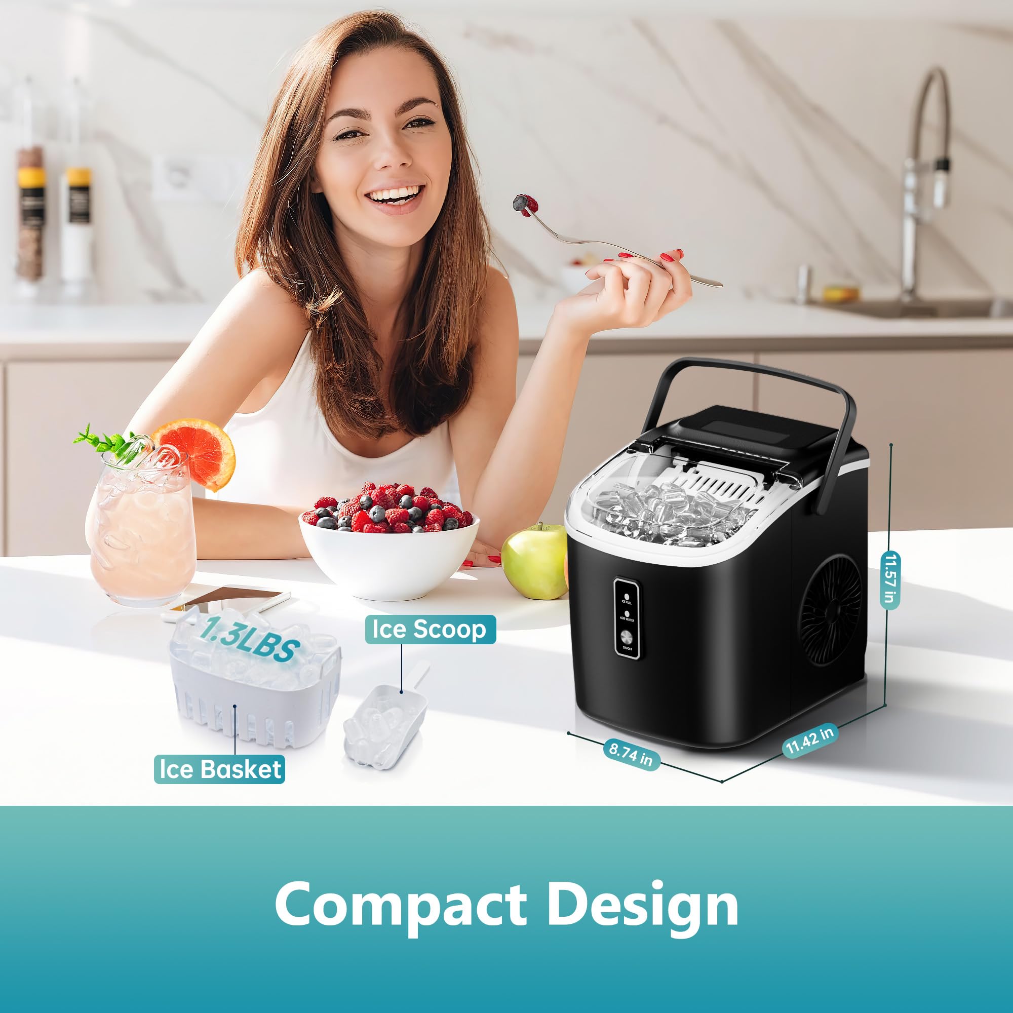 EUHOMY 26.5lbs/Day Portable Ice Maker Machine - Countertop Ice Maker with Auto-Cleaning, 9 Cubes in 6 Minutes, Includes Basket & Scoop - Perfect for Home Kitchen, Camping, RV & Outdoor Activities (Black)