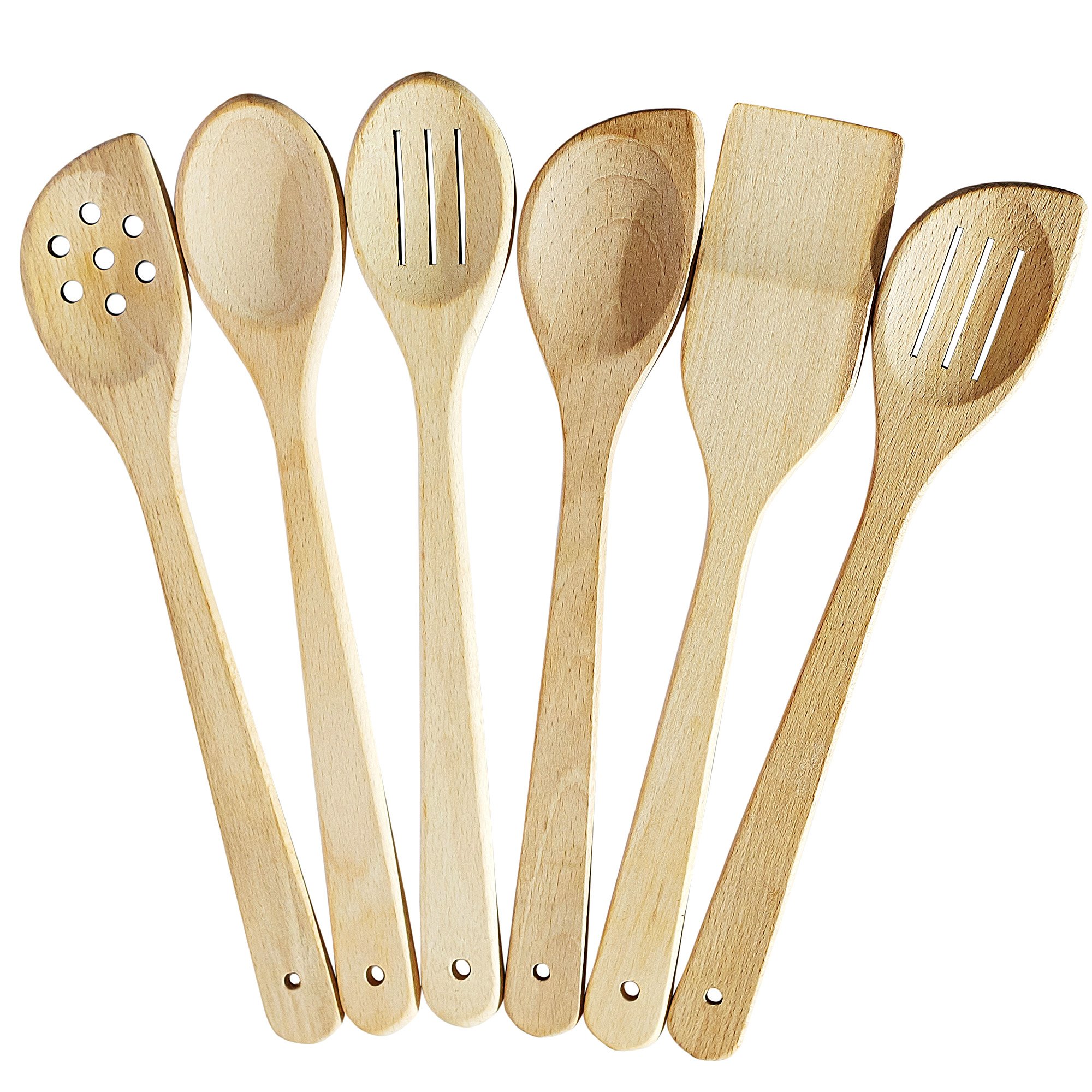 6-Piece Natural Wooden Cooking Spoon Set – Nonstick Hardwood Spatulas for Stirring, Scraping & Serving | Safe Kitchen Utensils for Baking, Cooking & Food Prep | Eco-Friendly Uncoated Wooden Spoons