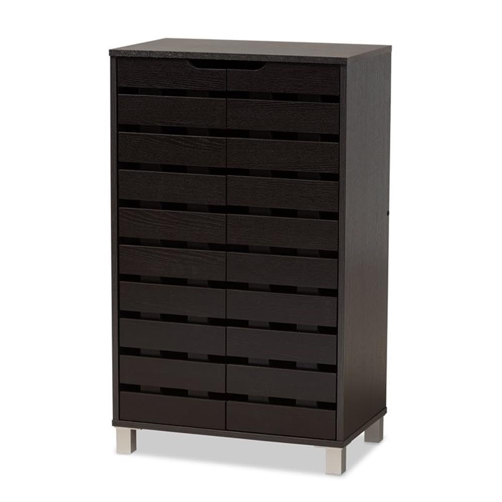 BOWERY HILL Modern Dark Brown Wooden 2-Door Shoe Cabinet - Contemporary Shoe Storage Organizer for Entryway, Closet & Bedroom Organization