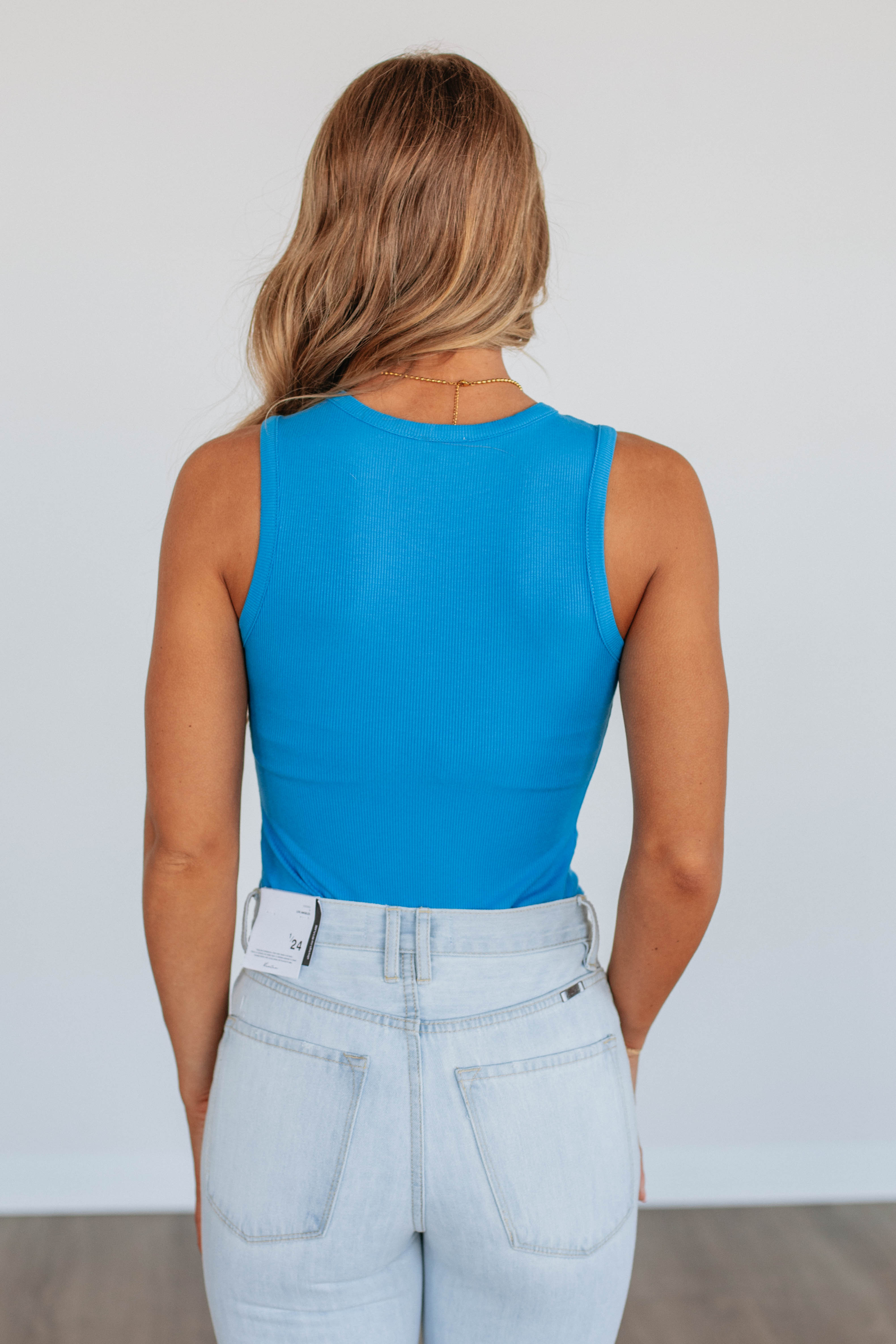April Ribbed Bodysuit for Women - Cerulean Blue Stretchy T-Shirt Top - Perfect for Layering, Casual Outfits & Everyday Wear