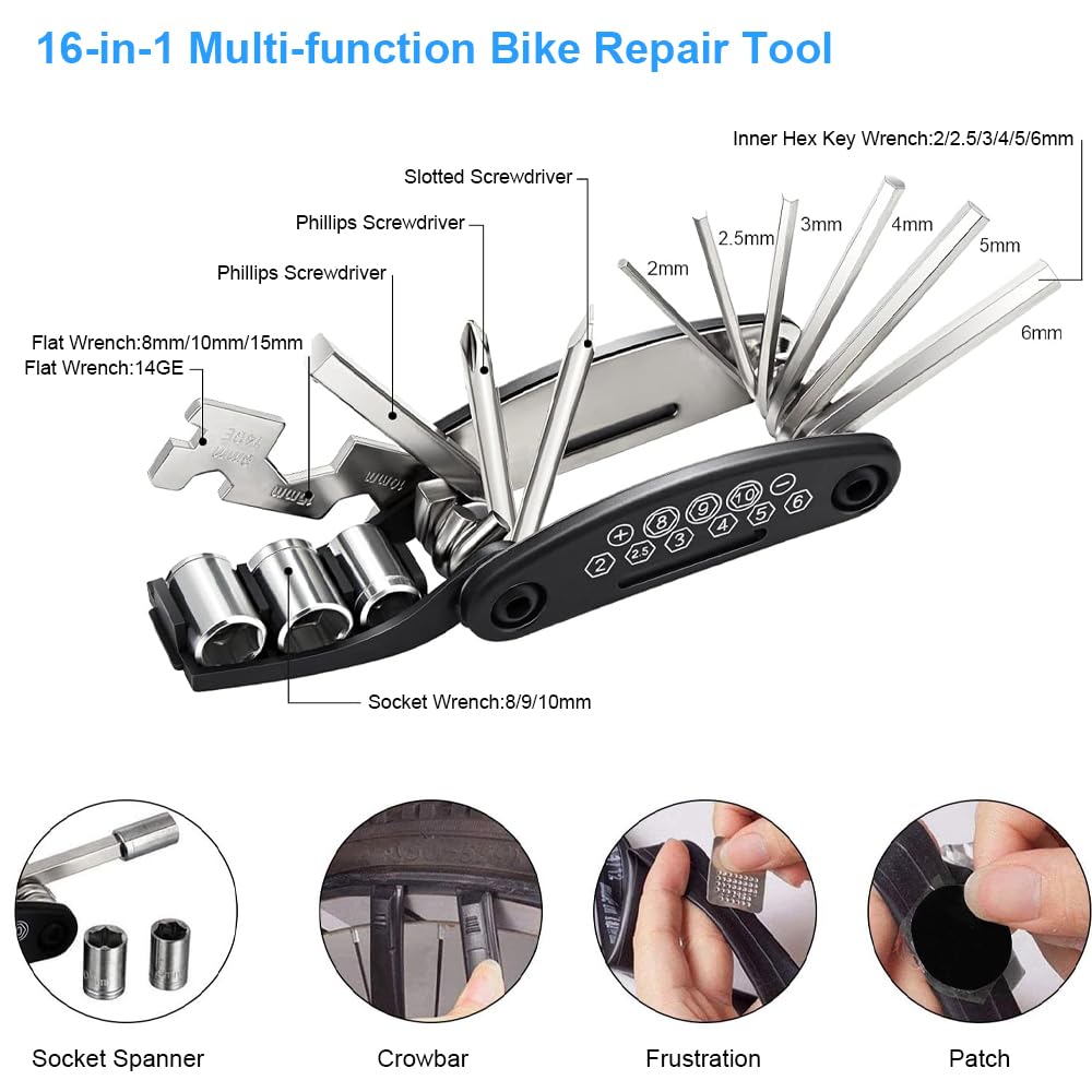 17 in 1 Bike Tool Kit - Professional Multifunction Bicycle Repair Tools with Puncture Patch Kit for Mountain & Road Bikes | Perfect for On-the-Go Repairs, Home Maintenance & Emergency Cycling Fixes