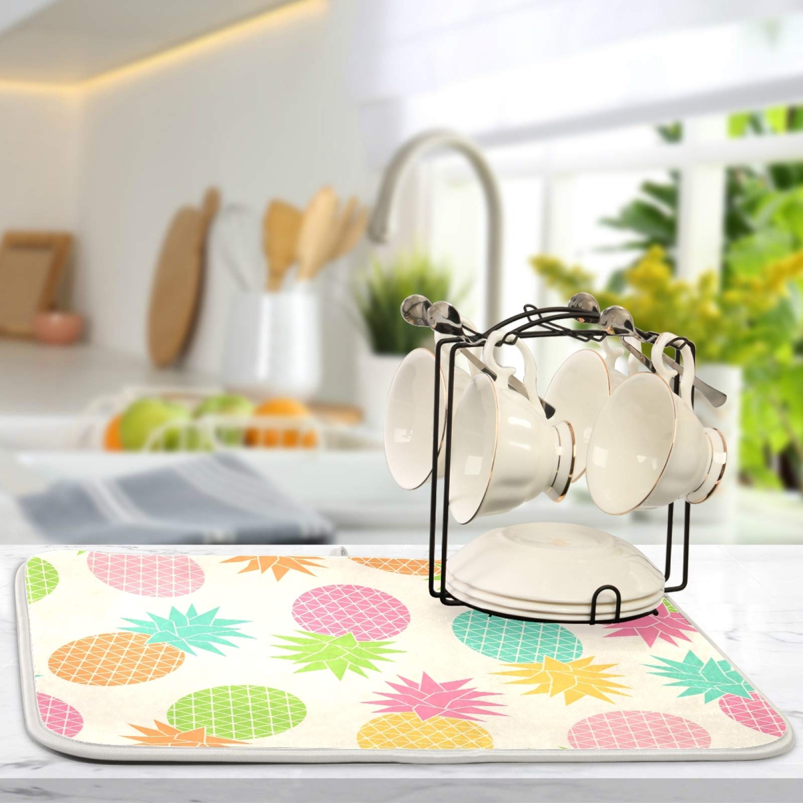 Pastel Geometric Pineapple Dish Drying Mat - Super Absorbent Microfiber for Kitchen Counter - 16x18 Inch - Perfect for Drying Dishes Safely