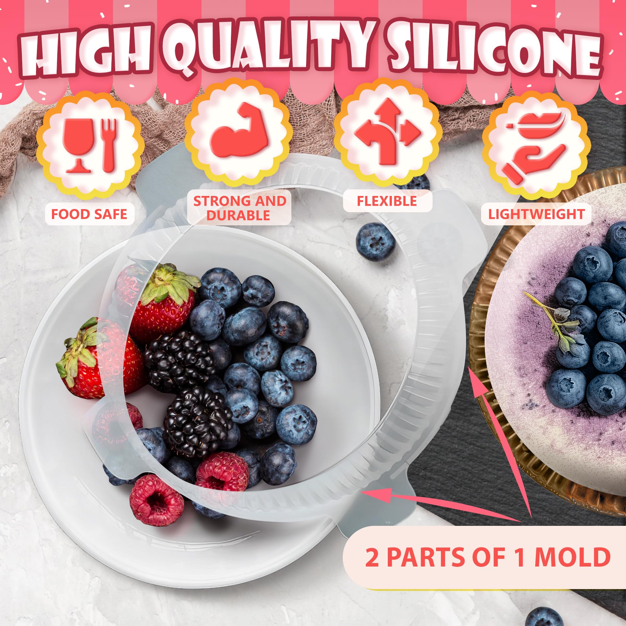VIKROM 3D Round Silicone Cake Mold for Baking - Reusable Non-Stick Mousse, Brownie & Cheesecake Pan - Perfect for Birthday Parties, Wedding Cakes & Dessert Decorating