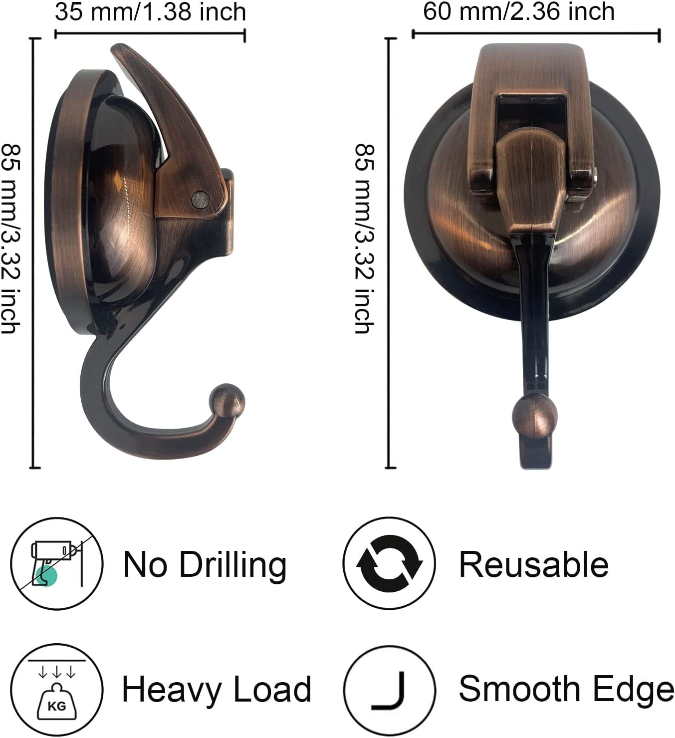 Heavy Duty Vacuum Suction Cup Hooks for Shower - 2 Pack Antique Brass Glass Suction Hooks, No Drill Reusable Towel & Robe Hooks - Perfect for Bathroom Organization, Garland Decoration & Home Decor