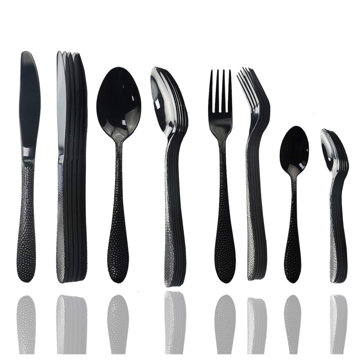 Premium 24-Piece Black Hammered Mirror Polished Flatware Set - Stainless Steel Silverware Cutlery Set for 6, Elegant Dining Utensils for Home Kitchen, Wedding Registry & Housewarming Gifts (Shiny Black) - Perfect for Formal Dinners, Holiday Entertaining & Special Occasions