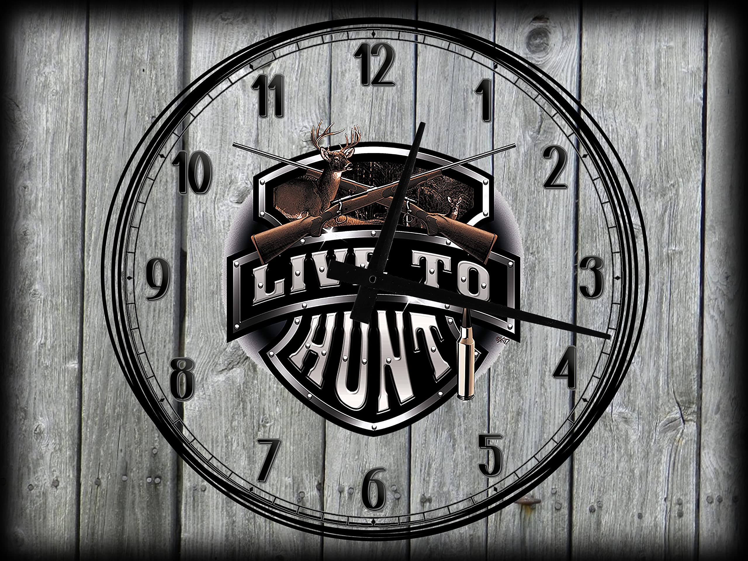 Large Gray Wall Clock Canvas Art - Hunting Theme with Big Buck Deer, Cross Shotguns, Wildlife Nature Design - 12 x 16 Inch Wall Decor for Living Room, Cabin, or Man Cave