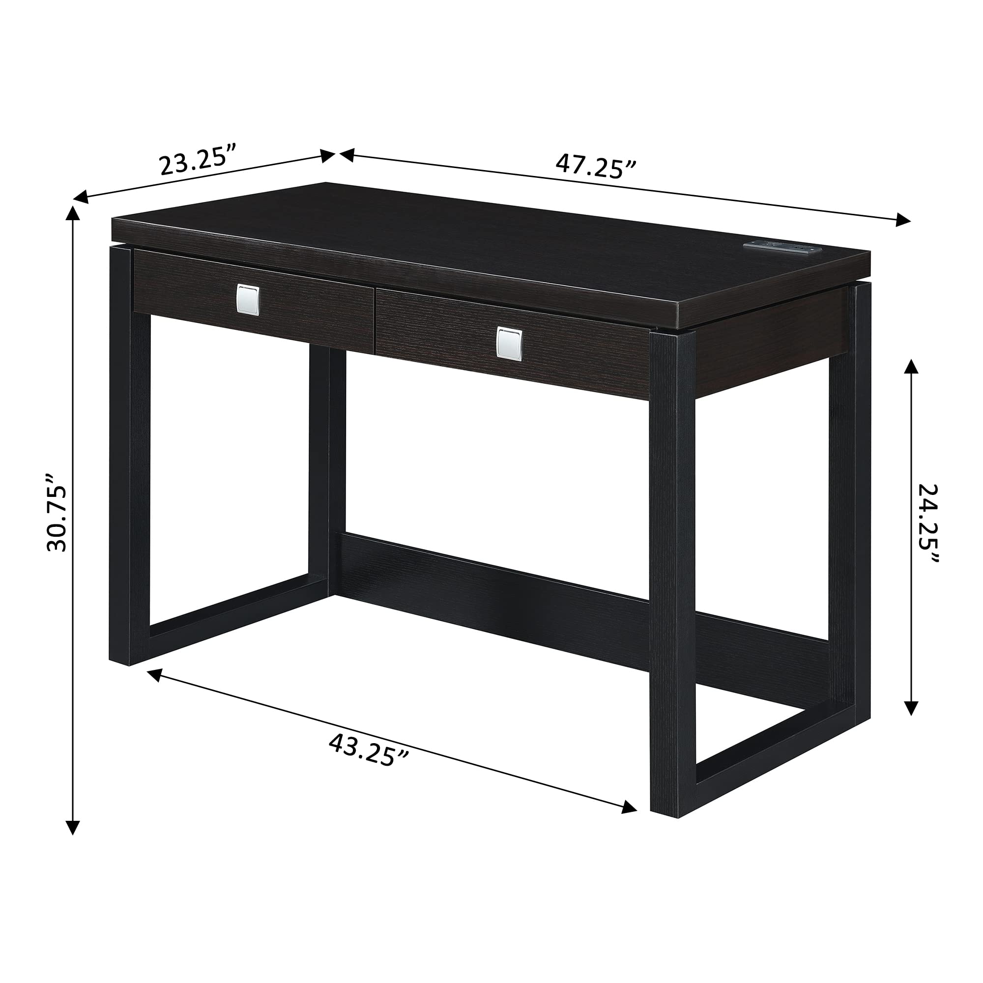 Convenience Concepts Newport 2-Drawer Writing Desk with Built-in USB Charging Station - Espresso/Black Finish - Perfect for Home Office, Study Room & Small Spaces