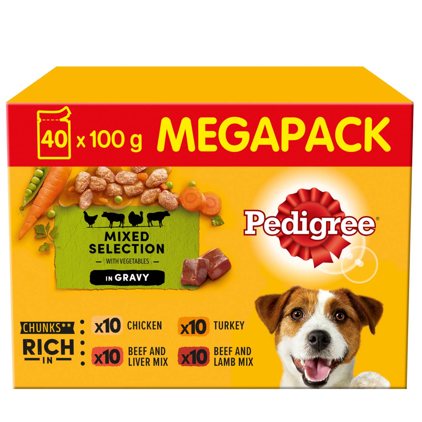 Pedigree Adult Wet Dog Food Pouches in Gravy - Mixed Variety Mega Pack (40 x 100g) | High Protein Meal for Medium & Large Breed Dogs | Perfect for Travel, Camping & Daily Feeding