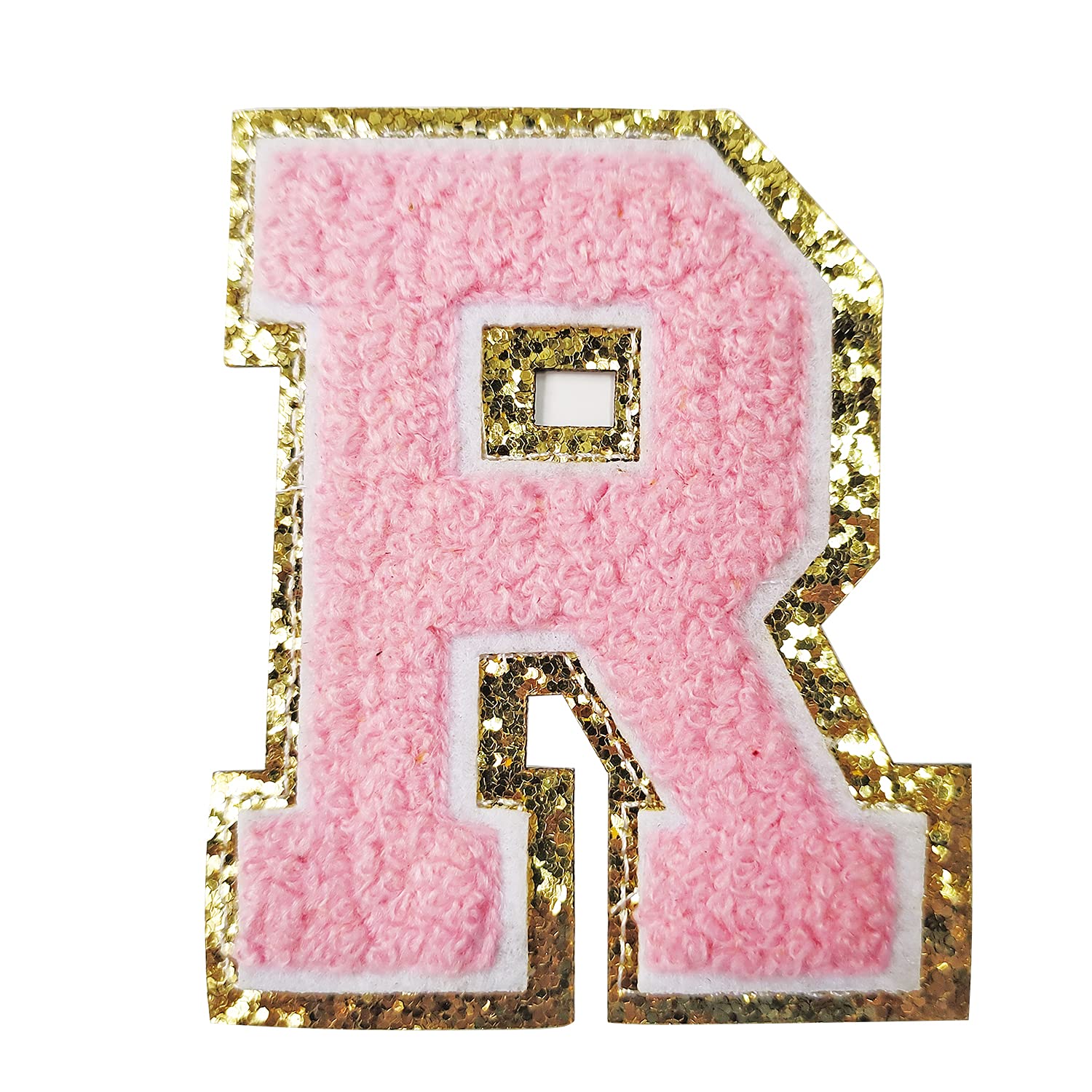 Gold Glitter & Pink Chenille Iron-On Letter Patches - 3 PCS Varsity Initial Patches with Adhesive Backing for Team Costumes, Jackets & DIY Crafts (3.1 Inch Height) - Perfect for Cheerleading Uniforms, Denim Jackets & Personalized Gifts
