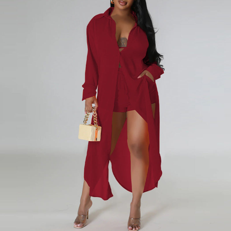 Stylish Solid Color Long Sleeve Shirt & Shorts 2-Piece Set for Women - Casual Summer Outfit, Beachwear, Lounge Wear