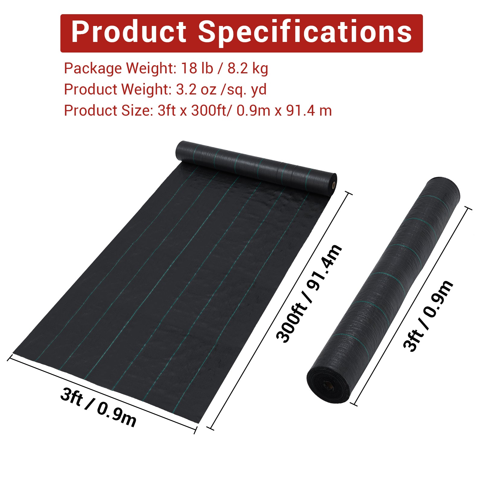 GARVEE 3-Pack 300 FT Weed Barrier Fabric - Heavy Duty 3.24oz Landscape Fabric for Gardening | Weed Block Ground Cover for Greenhouse, Yard, Flower Beds & Gardens | Perfect for Weed Control & Soil Protection