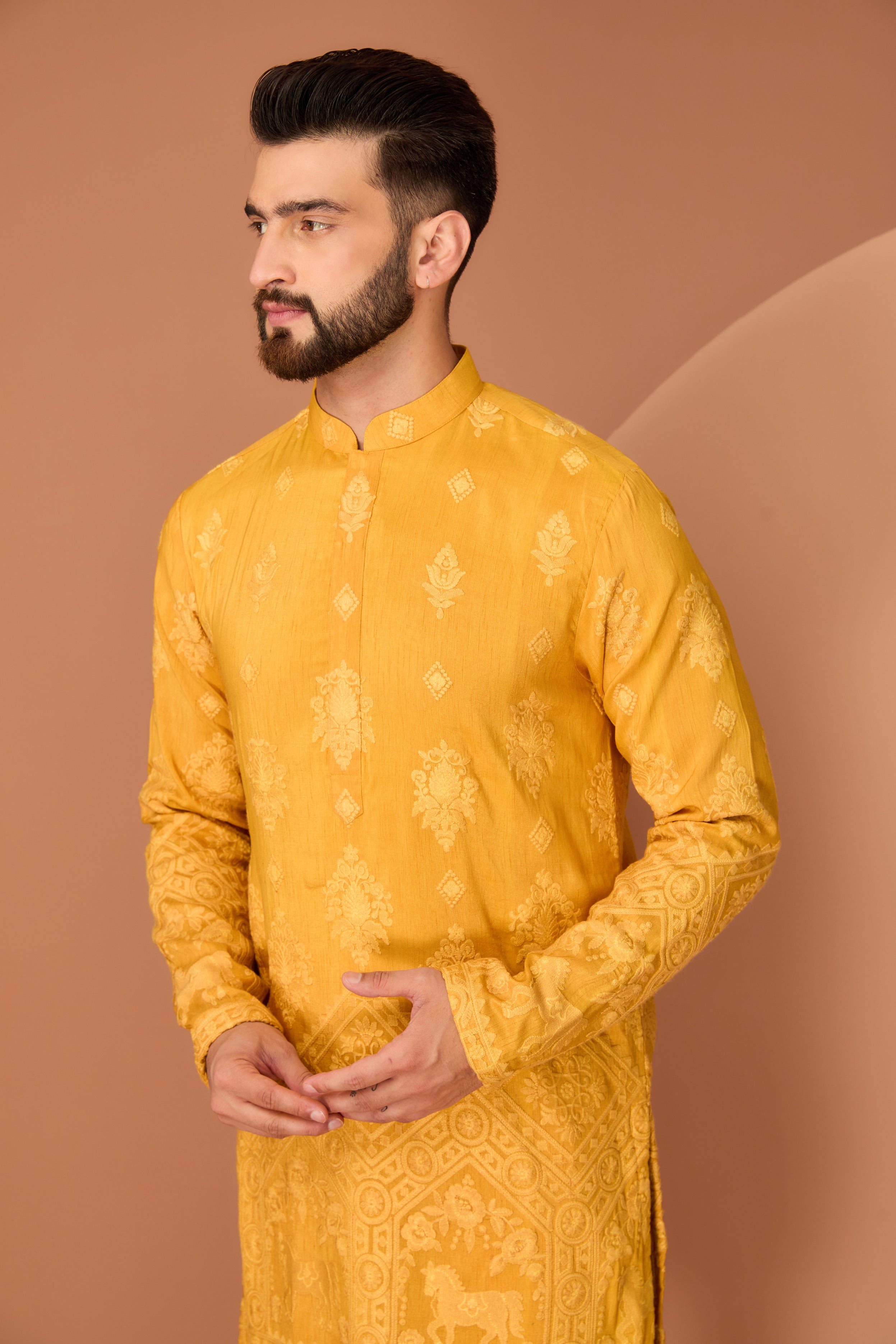 Mustard Chikankari Kurta with Intricate Figure Embroidery on Ghera - Elegant Indian Traditional Dress for Women - Perfect for Festivals, Weddings & Special Occasions