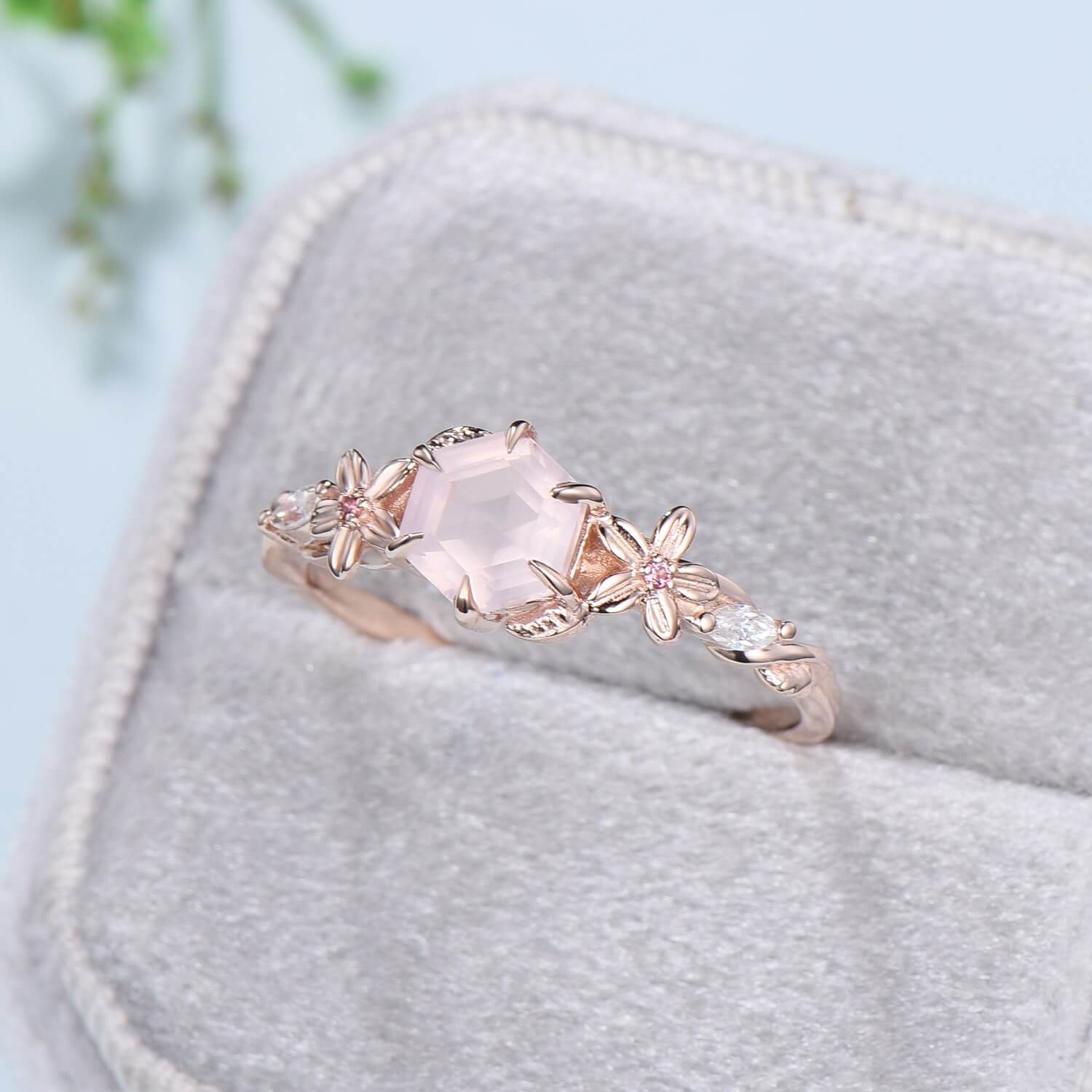 Vintage Nature-Inspired Rose Quartz Engagement Ring for Women - Unique Pink Tourmaline Wedding Band with Twisted Leaves Design | Perfect for Boho, Retro & Romantic Weddings