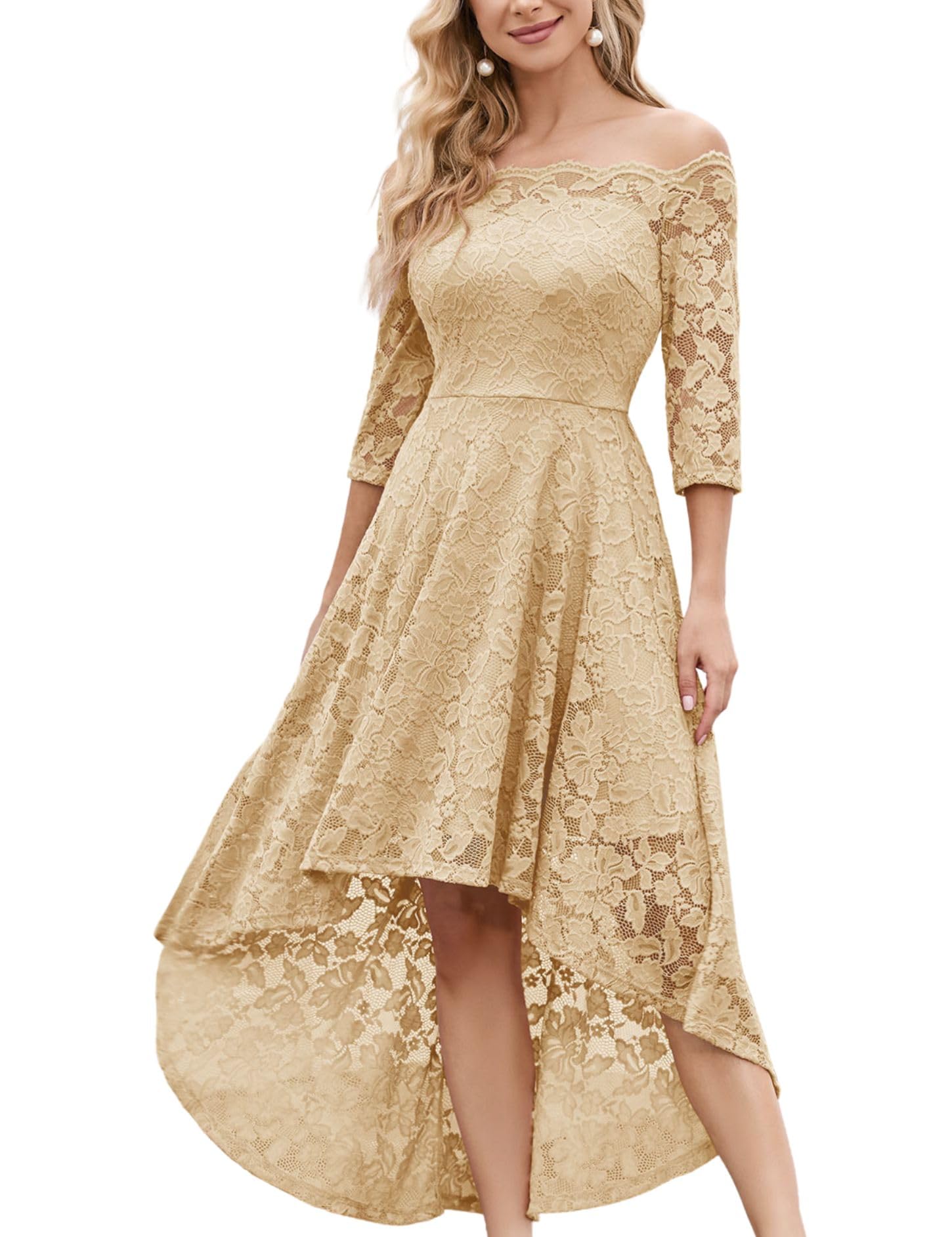 MUADRESS Women's Floral Lace Bridesmaid Party Dress - High Low Hem V-Neck Formal Gown for Wedding, Cocktail, Prom & Special Occasions | Elegant Evening Wear for Bridal Shower, Anniversary & Black Tie Events