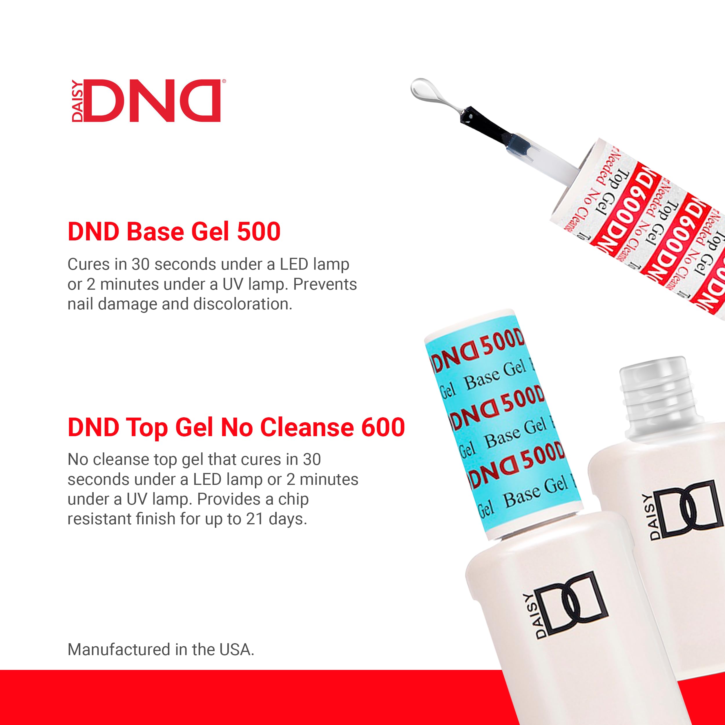 DND UV/LED Gel Base & No Cleanse Top Coat Polish Set - Professional Duo for Long-Lasting Manicures - 0.5 Fl Oz Each - Perfect for Salon & Home Nail Care