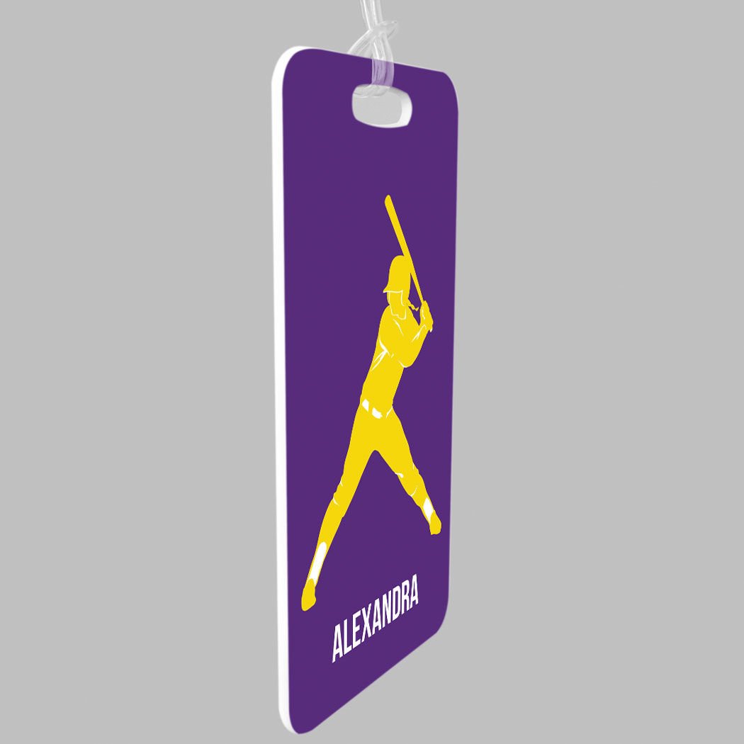 Personalized Softball Batter Luggage Tag - Large Purple & Yellow with Standard Lines - Perfect for Softball Players & Travel Accessories