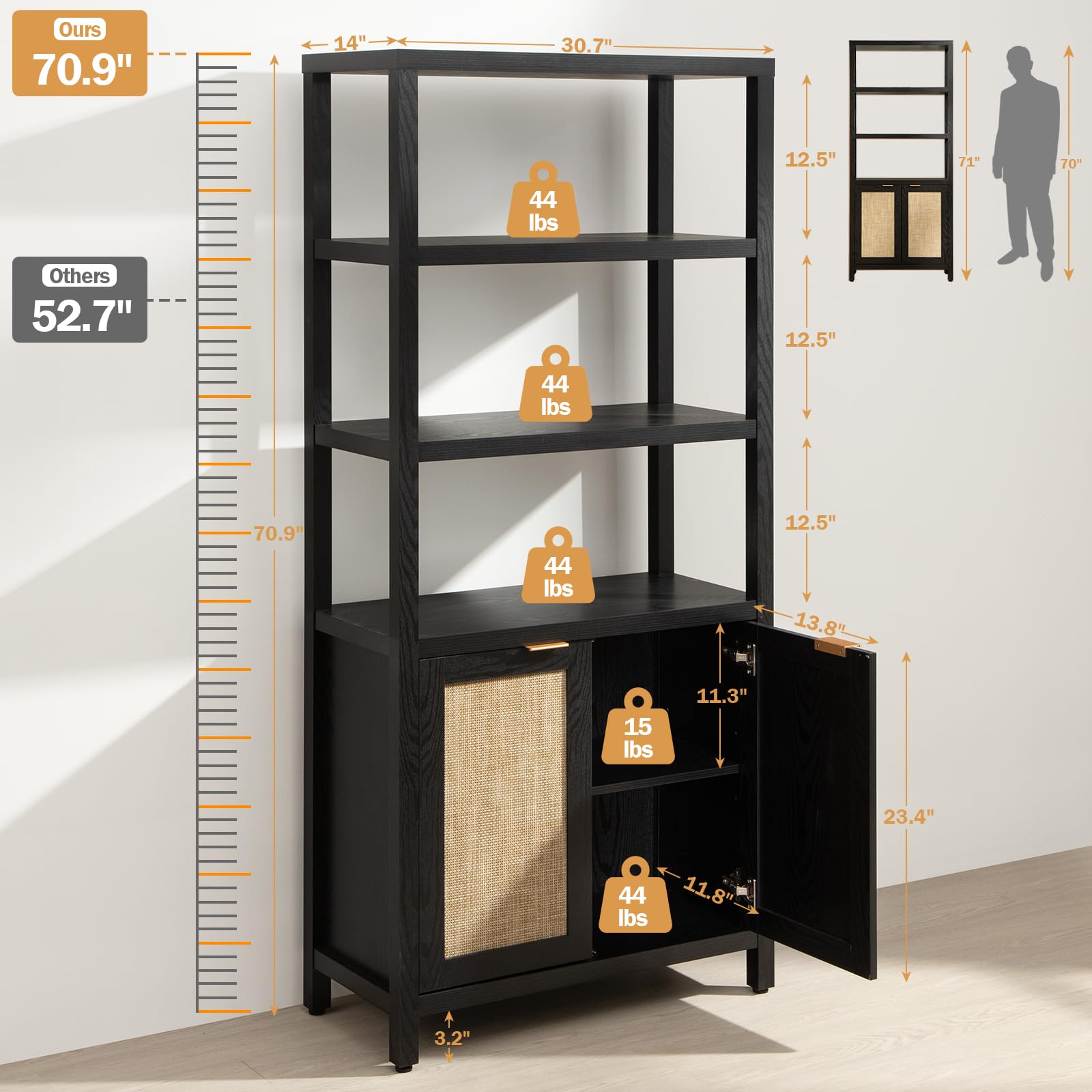 5-Tier Rattan Boho Bookshelf with Doors - 71