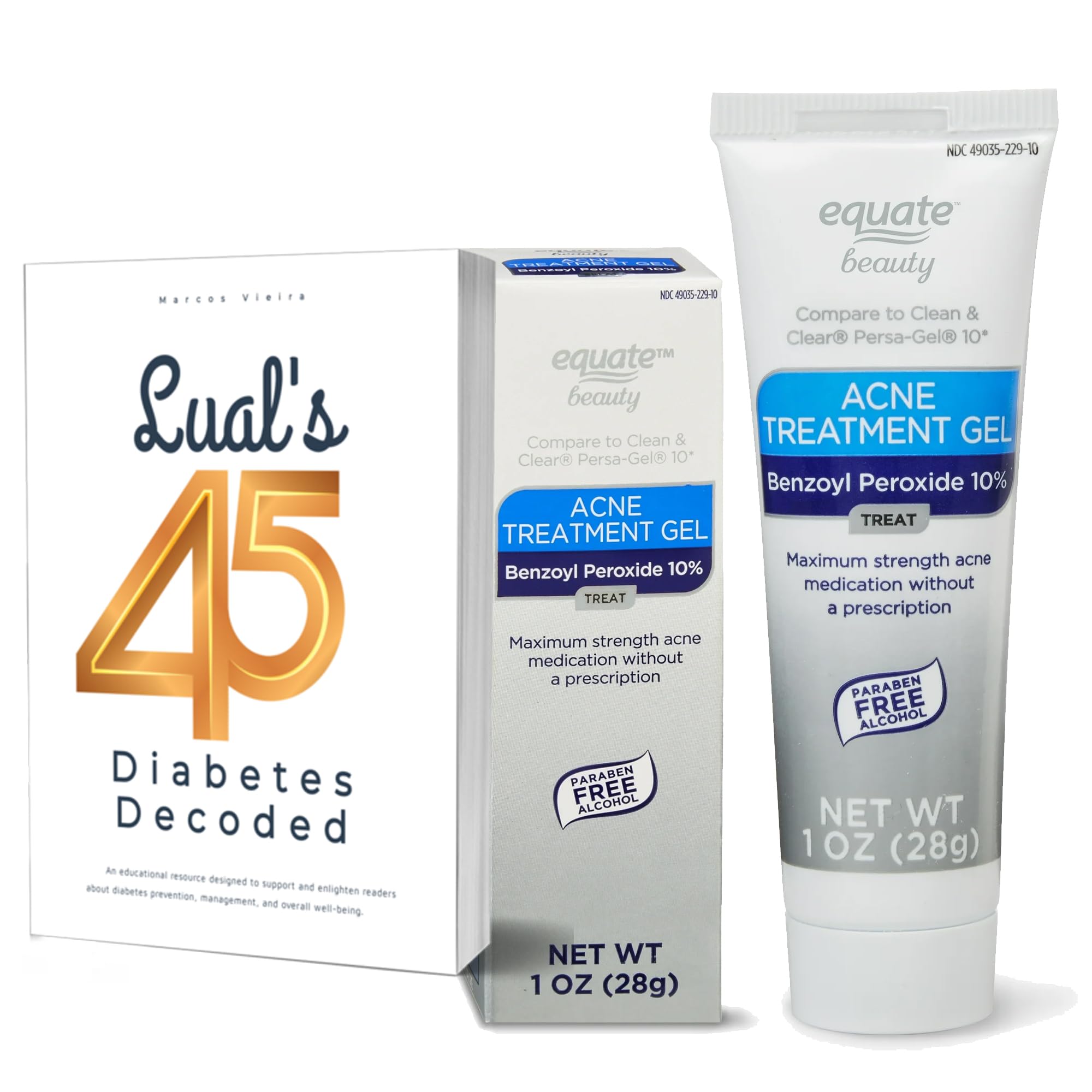 Equate 10% Benzoyl Peroxide Acne Treatment Gel - 2 Pack (1 oz Each) - Fast-Acting Acne Spot Treatment for Face & Body - Bundle with Lual's 45 Diabetes Decoded - Perfect for Teen & Adult Acne Care, Travel & Daily Skincare Routine