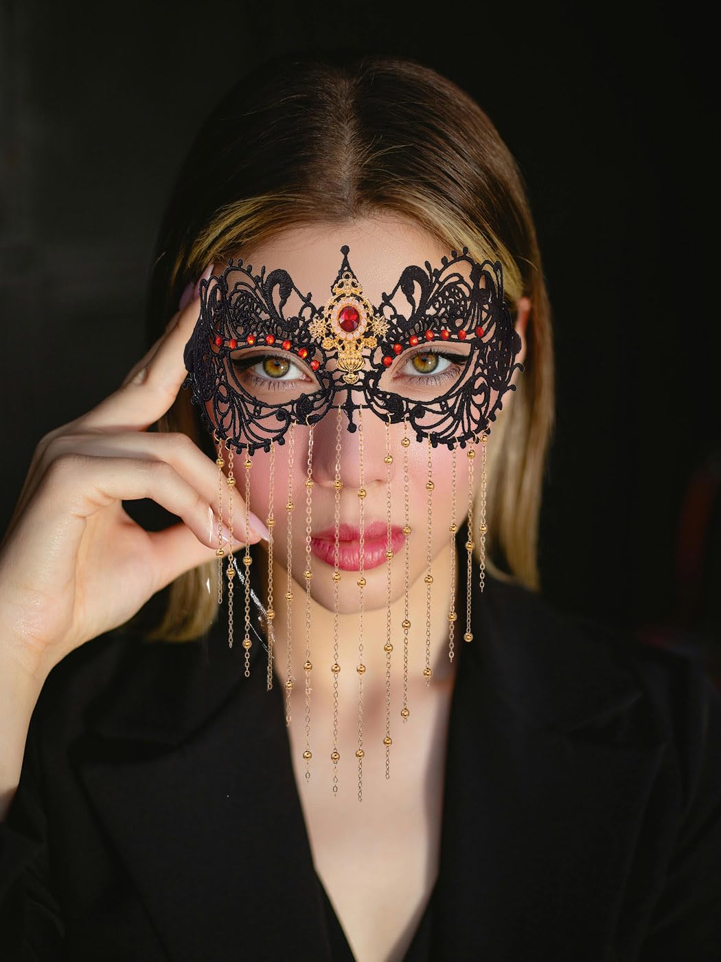 Elegant Rhinestone Masquerade Mask with Tassel & Beaded Details - Crystal Lace Costume Mask for Women | Perfect for Mardi Gras, Halloween Parties & Venetian Balls