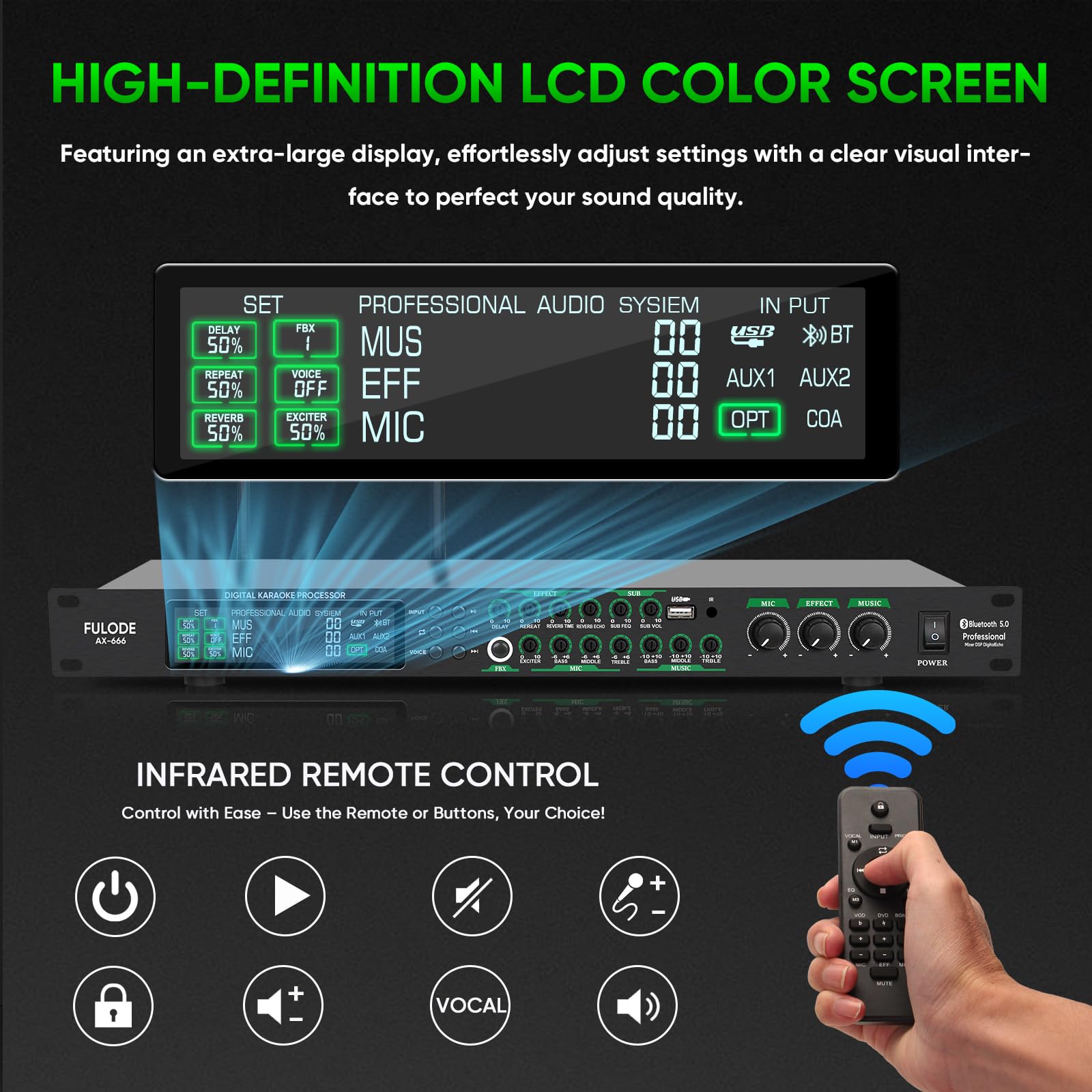Professional AX-666 Karaoke Mixer System with Dual Wireless Mics, DSP Anti-Feedback, USB/MP3/Bluetooth - Perfect for Home KTV, Parties & Stage Performances