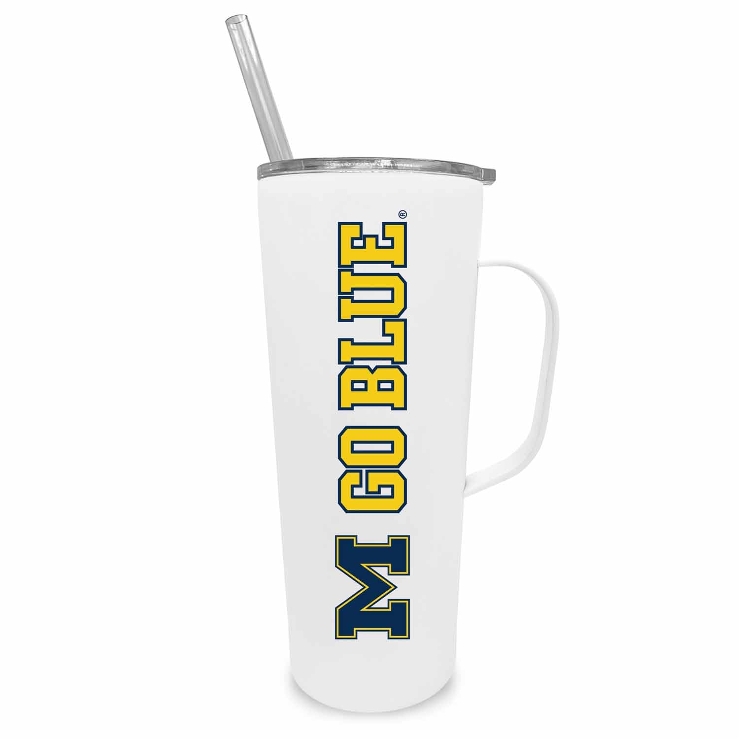 Official Michigan Wolverines 20oz Stainless Steel Tumbler with Handle & Dual Lid Options - Insulated Travel Mug for Coffee, Tea & Cold Drinks - NCAA Licensed Campus Colors Collection (White) - Perfect for Game Day, Office & Outdoor Activities
