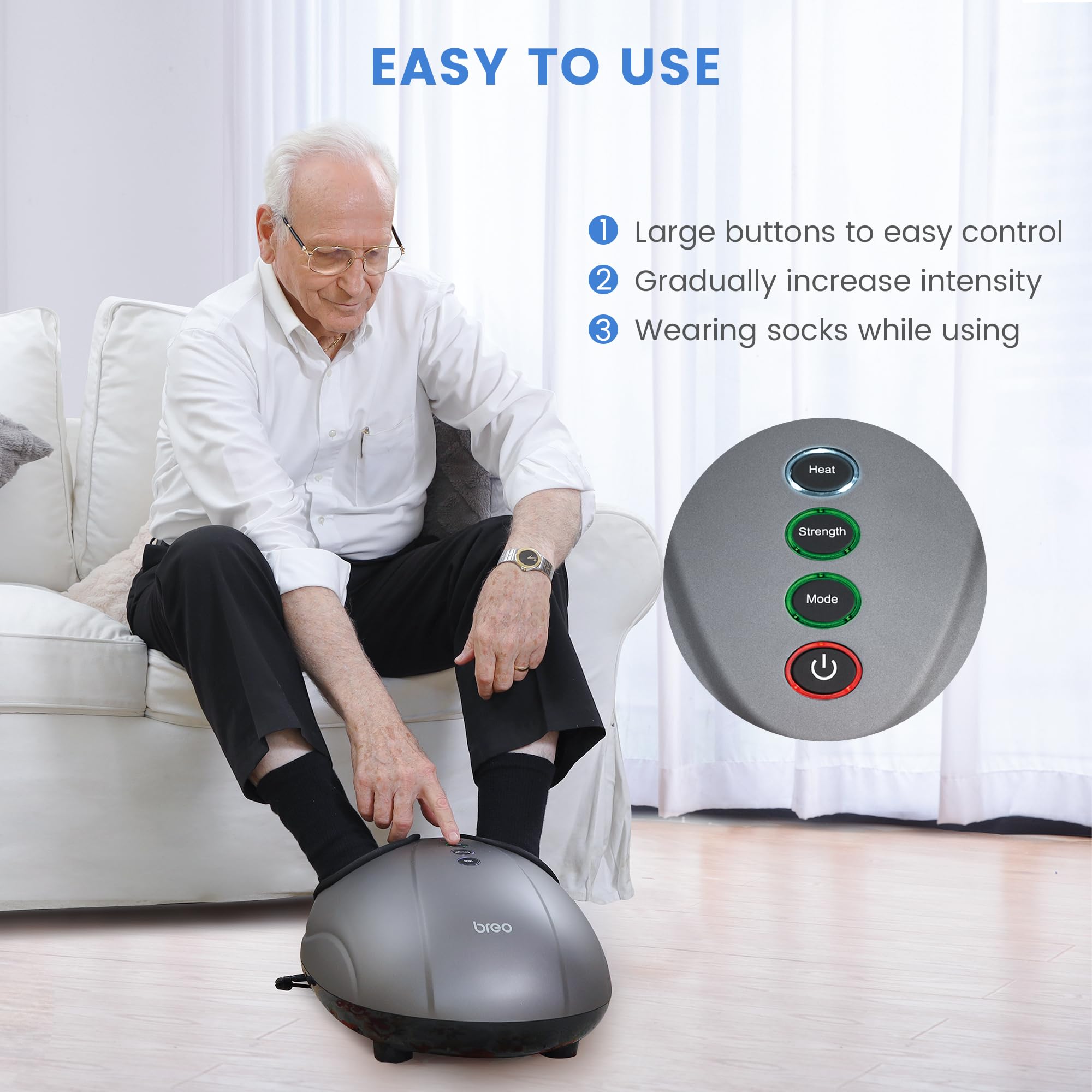 Breo Foot Massager with Heat - Deep Kneading, Air Compression & Rolling Massage for Foot Pain Relief, Plantar Fasciitis & Circulation - Fits Up to Size 46 (US 12) - Perfect for Home, Office & Post-Workout Recovery