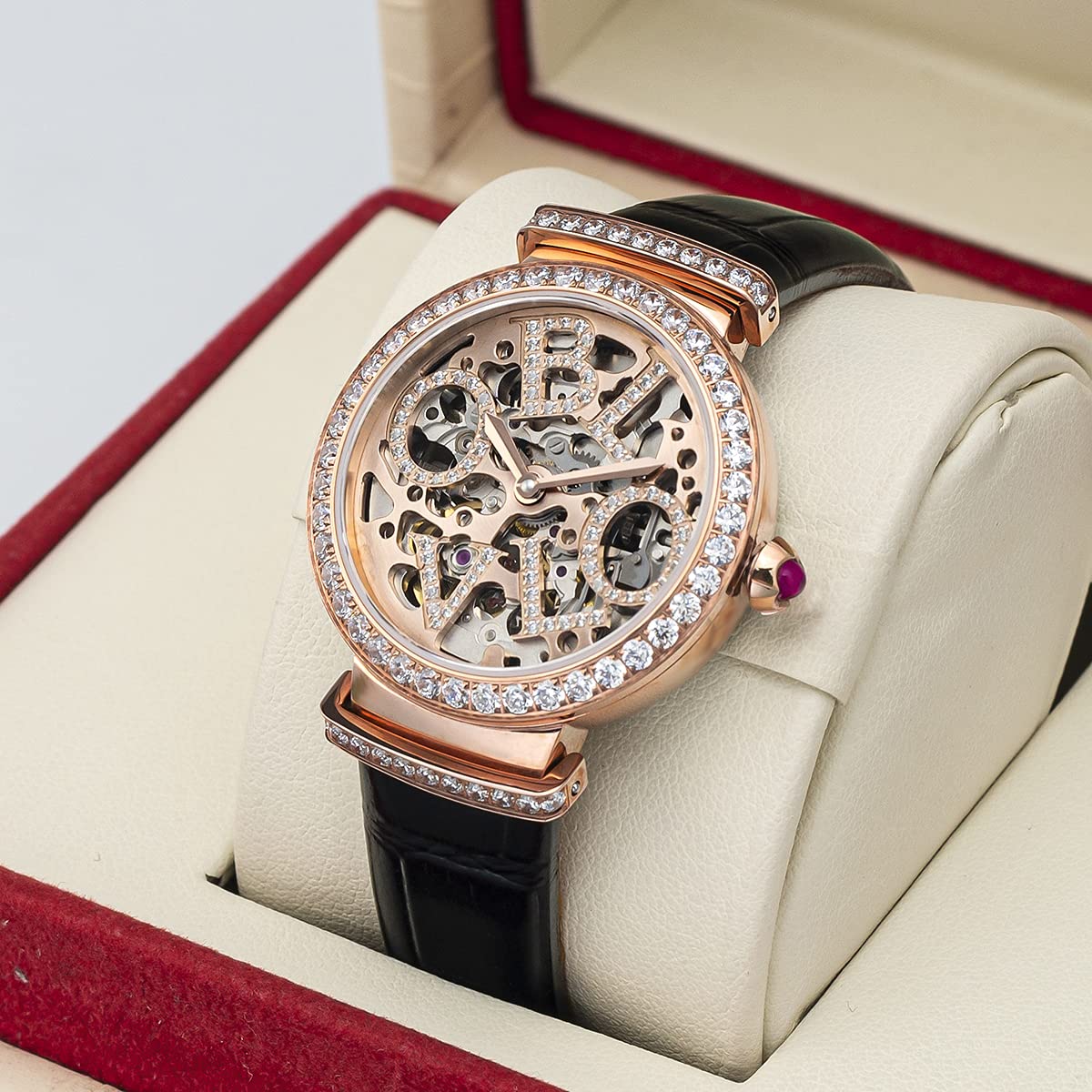Luxury Women's Rose Gold Automatic Watch with Skeleton Dial - Genuine Leather Strap - Elegant Dress Watch for Business, Party & Special Occasions