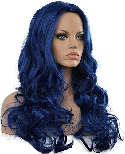 Kaneles Blue Synthetic Wigs for Women - Long Curly Wavy Heat Resistant Cosplay Party Wig | Perfect for Halloween, Costume Parties & Theatrical Performances