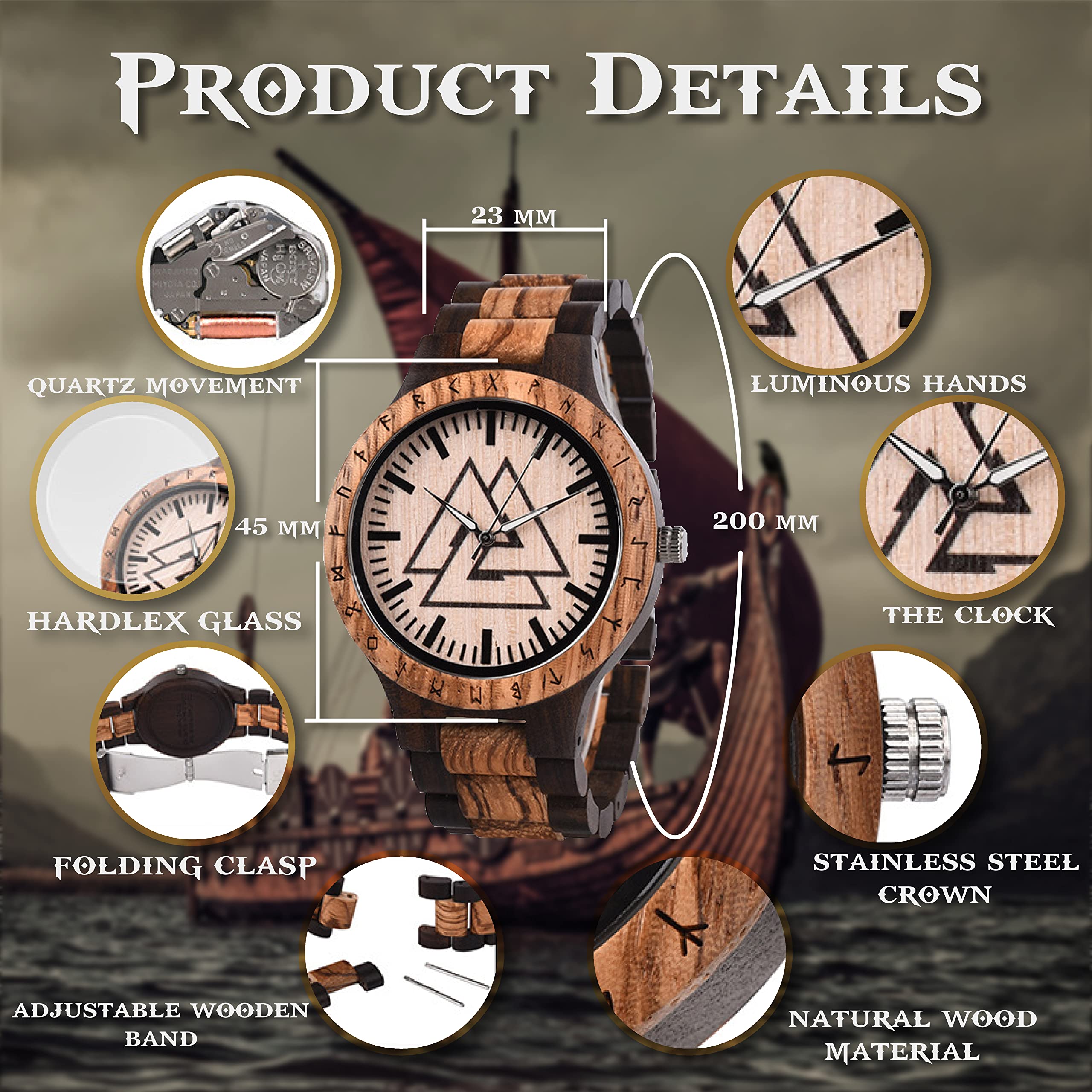 Vikingenes Wooden Watches for Men - Personalized Engraved Wood Watch | Luxury Natural Wood Chronograph Wristwatch | Unique Viking-Inspired Gift for Him | Perfect for Anniversary, Birthday & Special Occasions