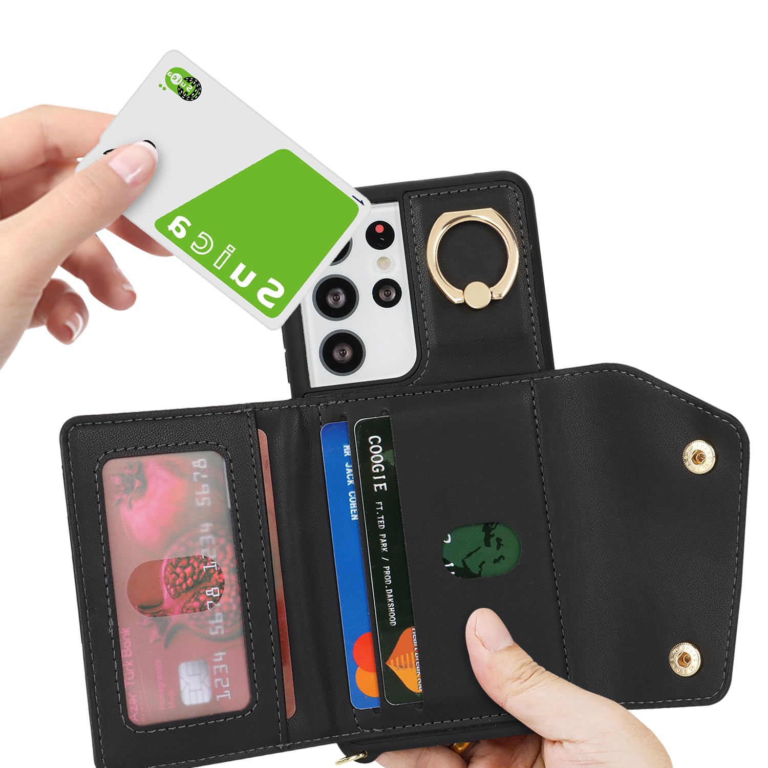 Samsung Galaxy S21 Ultra Wallet Case with Card Holder, Zipper Pocket & Crossbody Strap - 6.8 Inch Phone Wallet with Stand Ring for Women | Perfect for Travel, Shopping & Everyday Use (Black)