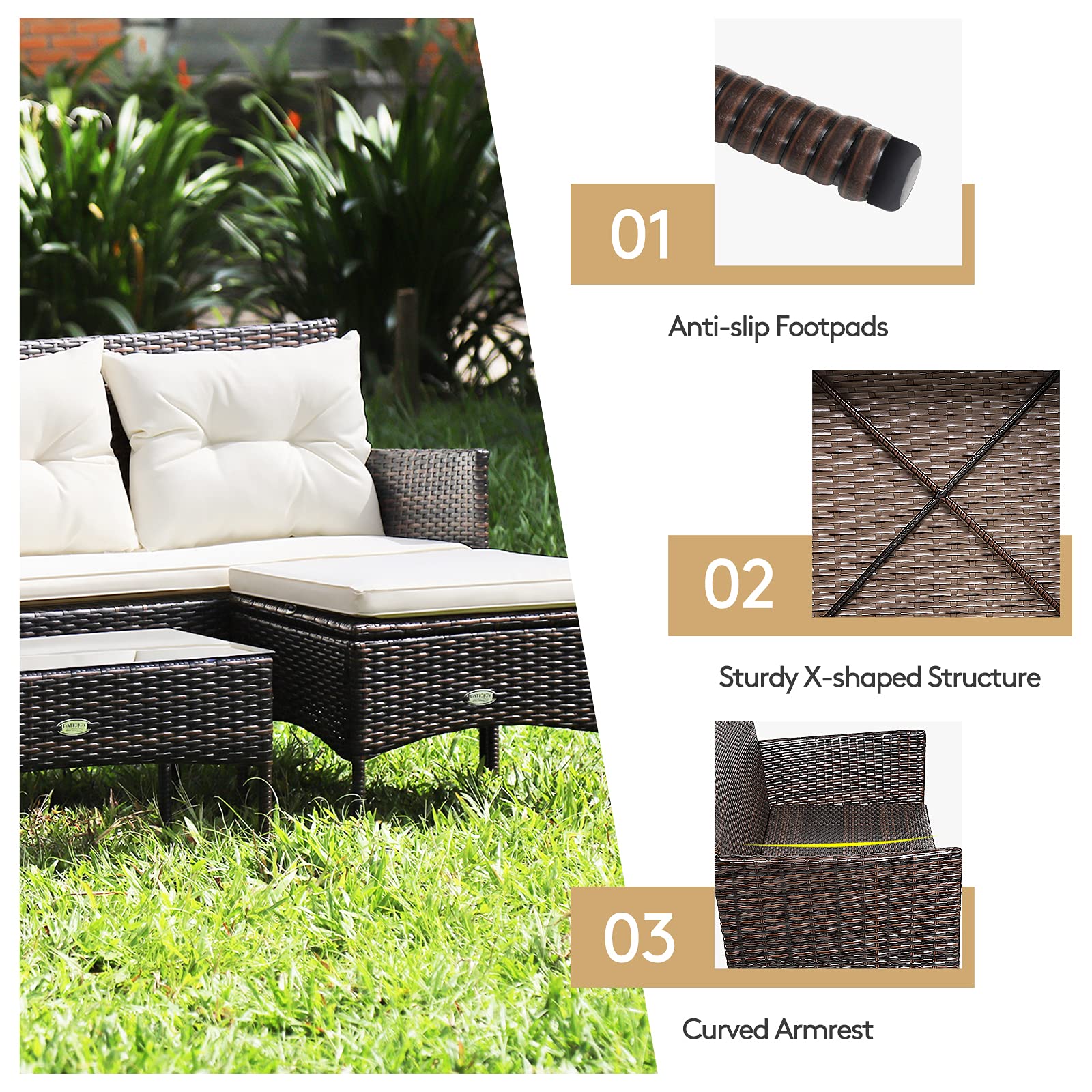 HappyGrill 3-Piece Outdoor Rattan Patio Furniture Set with Tempered Glass Coffee Table & 5 Elastic Cushions - Waterproof Sectional Sofa for Poolside, Balcony, Backyard, Garden - Perfect for Relaxing, Entertaining & Outdoor Dining