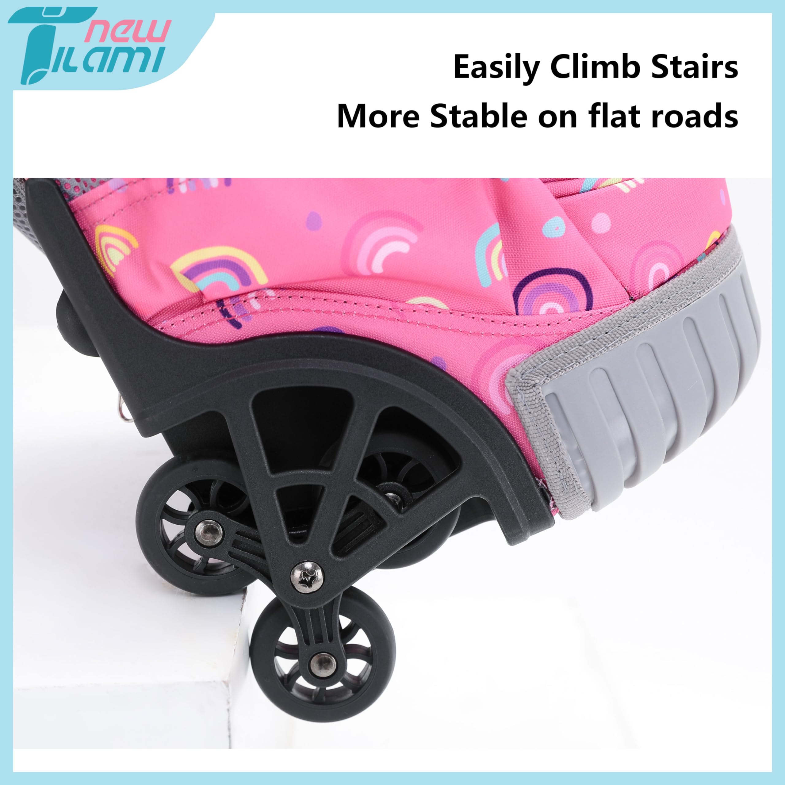 TILAMI 16 Inch Rolling Backpack for Kids - Adjustable Wheeled Laptop Backpack for Boys & Girls, School, Travel, Camping - Rainbow Unicorn Design | Perfect for Daily Commute, Weekend Trips & Outdoor Adventures