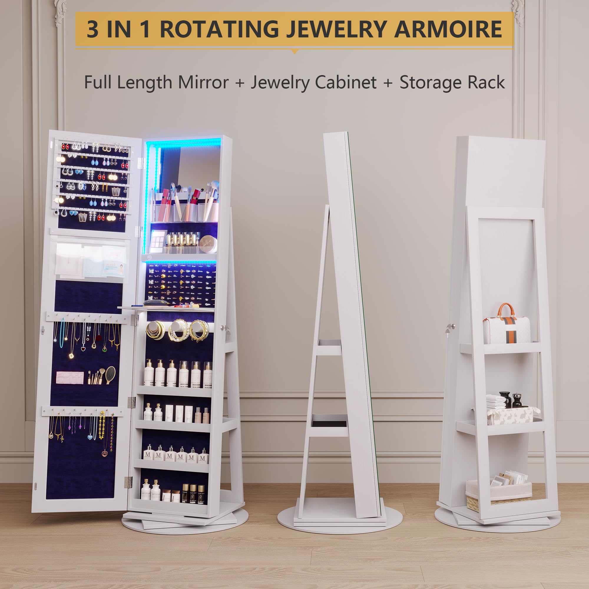 Vlsrka LED Jewelry Armoire with Full Length Mirror - 360° Rotating Standing Jewelry Cabinet with Lock, Inner Makeup Mirror & Soft Velvet Lining - Large Jewelry Organizer for Necklaces, Rings, Earrings - Perfect for Bedroom, Living Room & Dressing Room Decor
