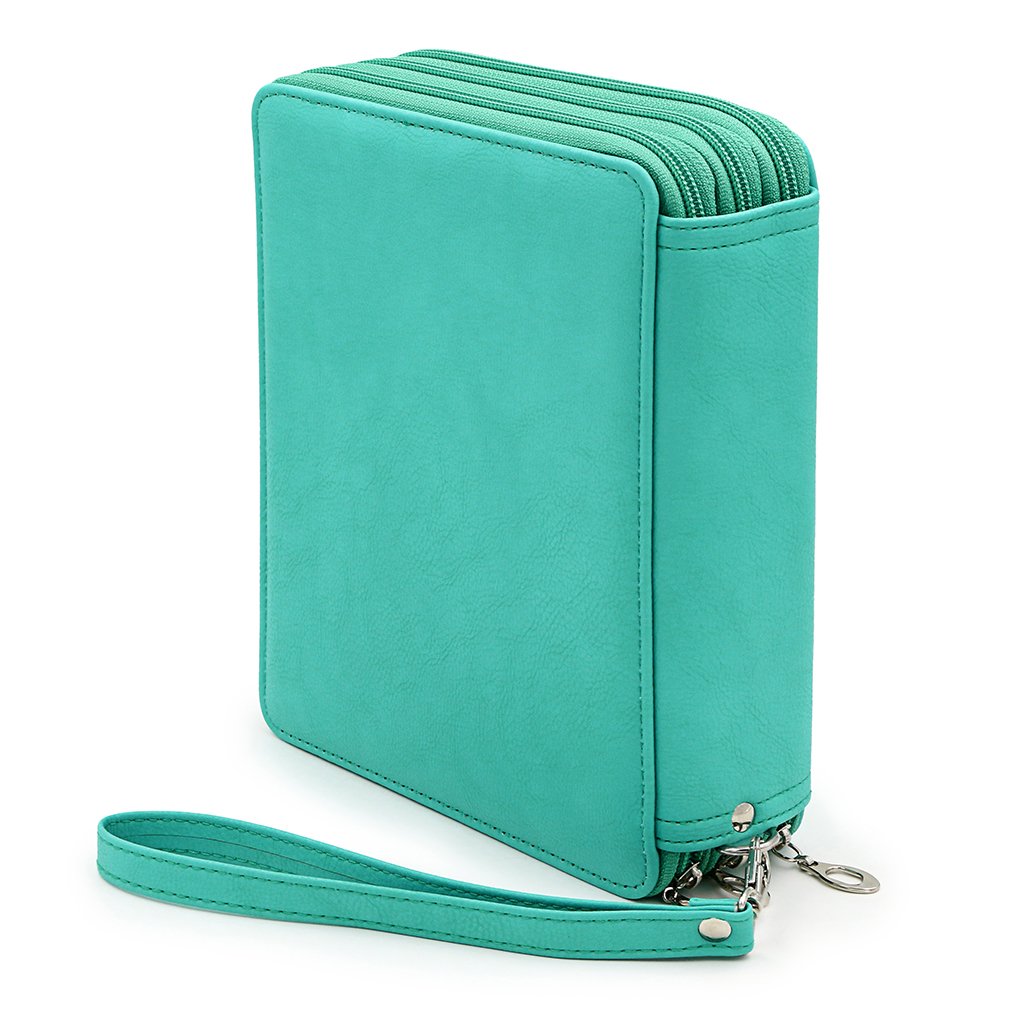 BTSKY Deluxe PU Leather Pencil Case for Colored Pencils - 120 Slot Large Capacity Artist Pencil Holder with Handle Strap, Portable Art Supply Organizer for School, Office & Travel (Green)