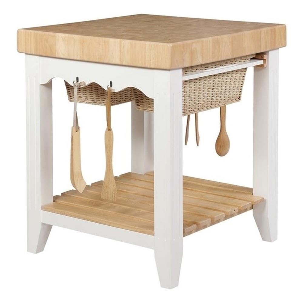 Pemberly Row White Transitional Wood Butcher Block Kitchen Island with Storage - Perfect for Small Kitchens, Food Prep & Entertaining