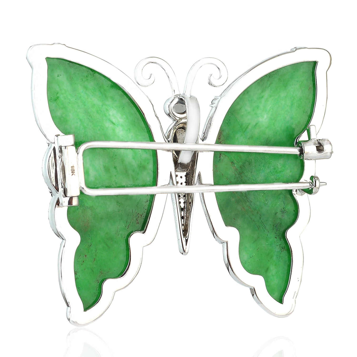 18K White Gold Hand-Carved Jade Bezel Black & White Diamond Butterfly Brooch - Elegant Jewelry for Weddings, Parties & Special Occasions