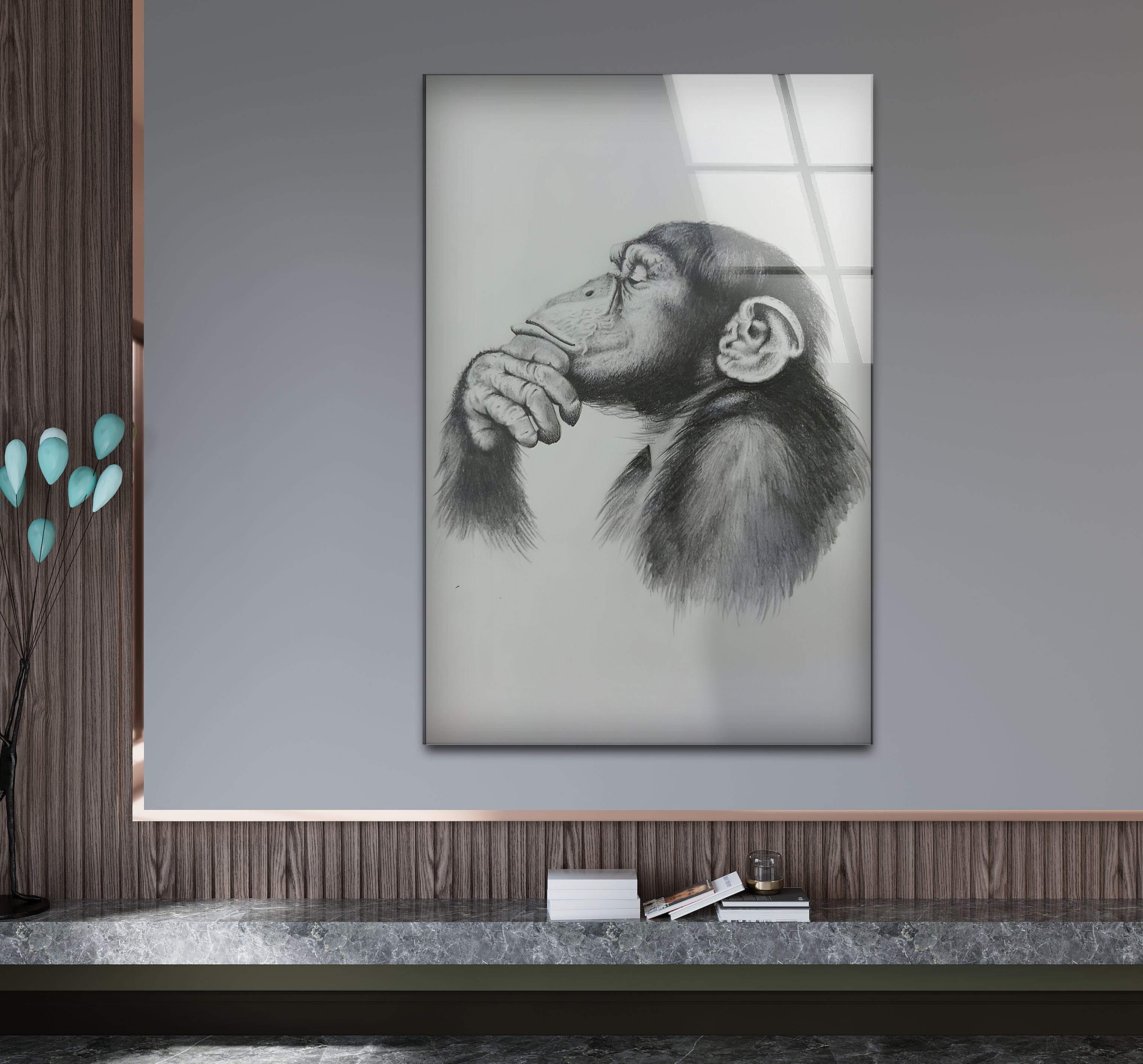 Black and White Monkey Drawing Glass Wall Art - Elegant Home Decor for Living Room, Bedroom, or Office