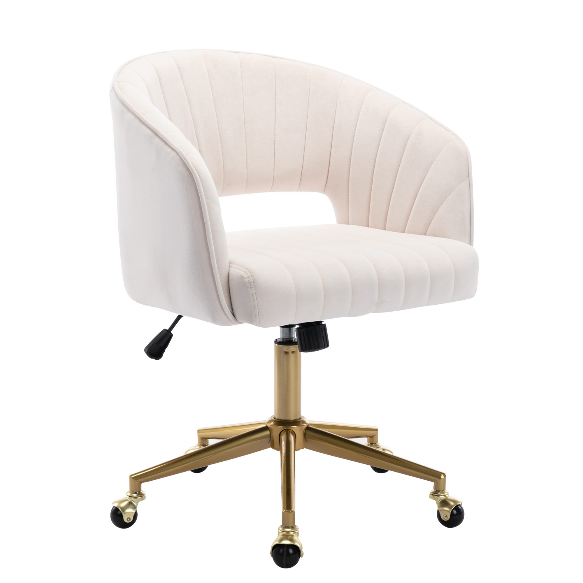Ergonomic Velvet Swivel Office Chair with Gold Base - Modern Tufted Desk Chair for Women, Girls - Comfortable Computer Task Stool for Home Office, Study, Living Room (Cream) - Perfect for Remote Work, Gaming & Relaxation