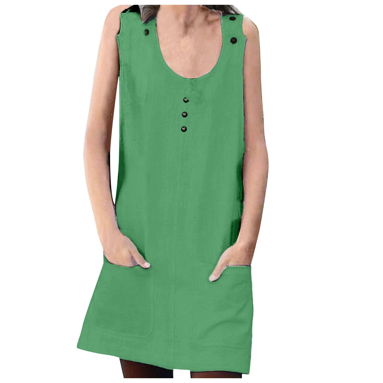 Women's Summer Fashion Sexy Pocket Dress - Button Front Cotton Linen Strappy Round Neck Sundress for Beach, Vacation & Date Night Outfits